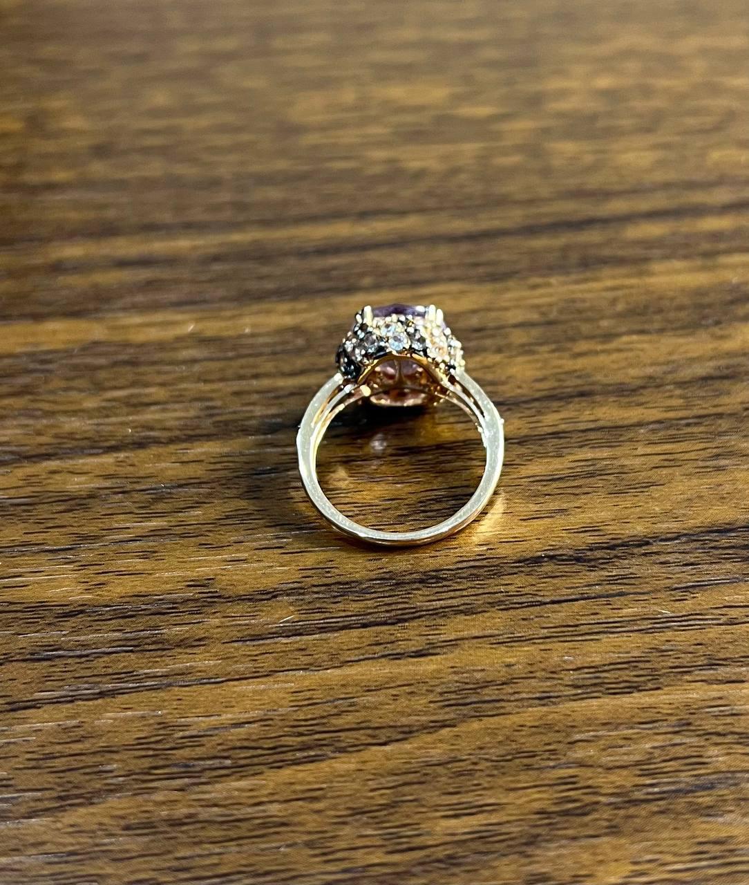 Purple Violet Amethyst White Brown Diamonds Pave Set Halo 14K Rose Gold Ring In New Condition For Sale In Oakton, VA