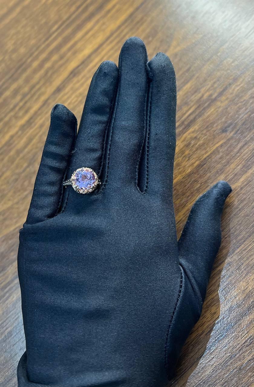 Women's Purple Violet Amethyst White Brown Diamonds Pave Set Halo 14K Rose Gold Ring For Sale