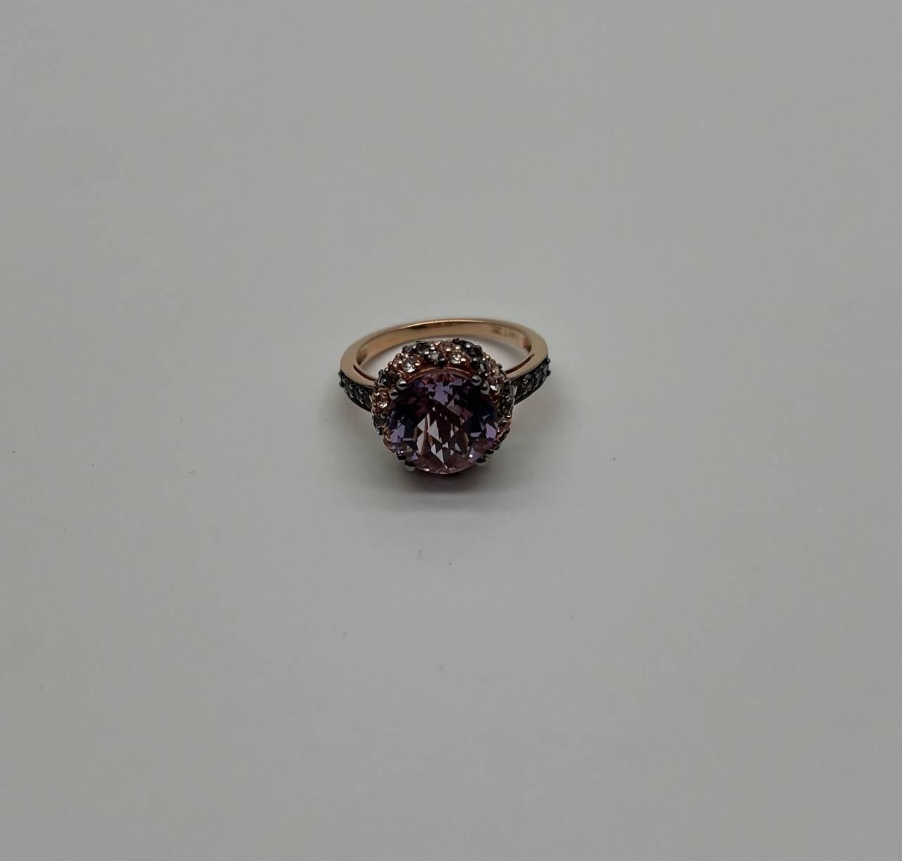 Purple Violet Amethyst White Brown Diamonds Pave Set Halo 14K Rose Gold Ring For Sale 2