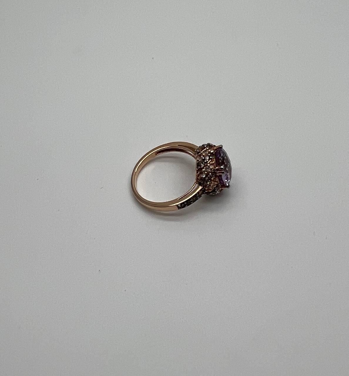 Purple Violet Amethyst White Brown Diamonds Pave Set Halo 14K Rose Gold Ring For Sale 3
