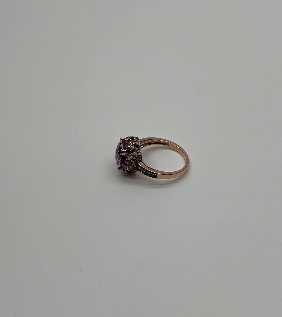 Purple Violet Amethyst White Brown Diamonds Pave Set Halo 14K Rose Gold Ring For Sale 4
