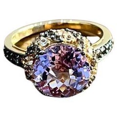 Purple Violet Amethyst White Brown Diamonds Pave Set Halo 14K Rose Gold Ring
