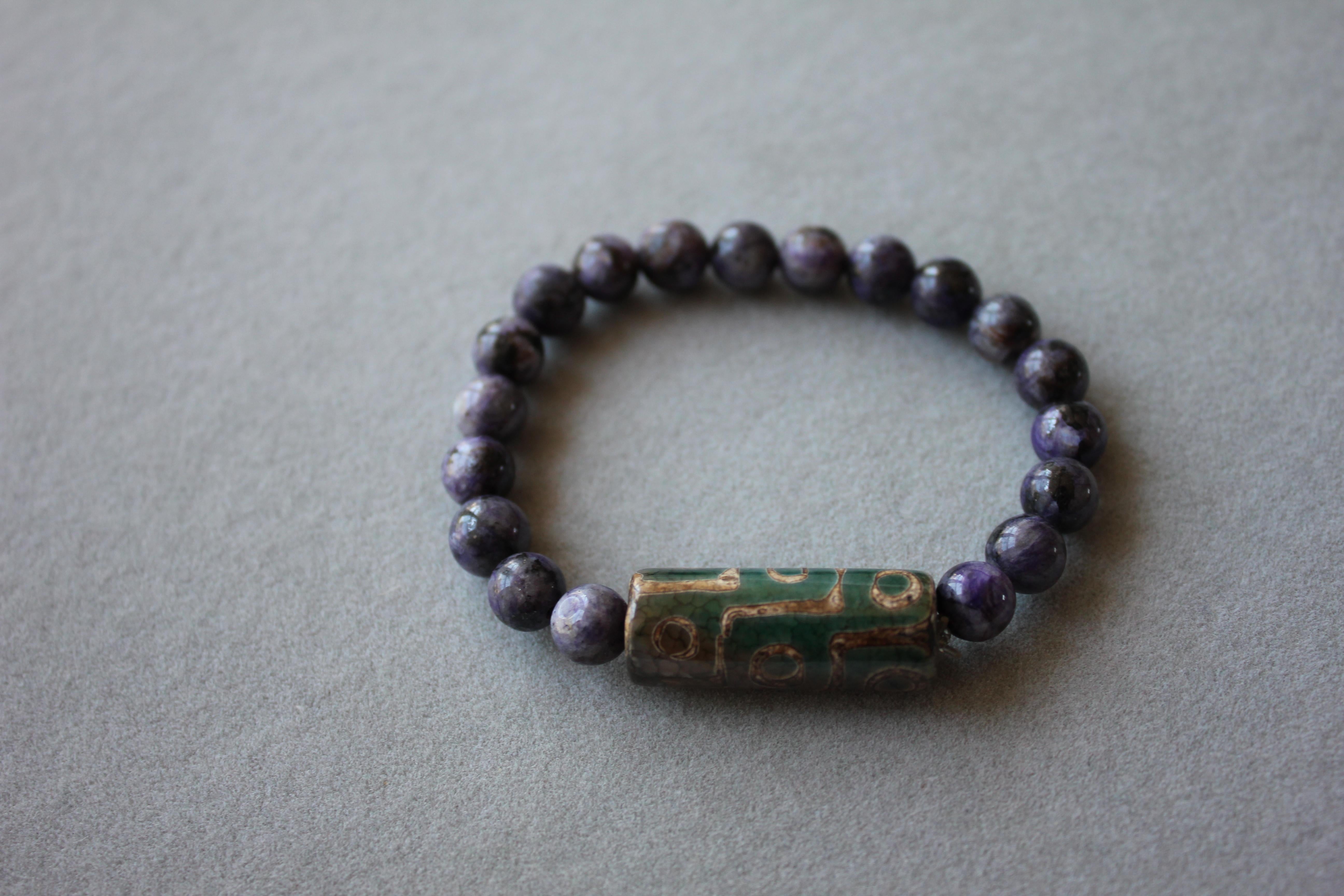 Art Deco Purple Violet Lilac Amethysts Round Beads Stretchy Unique Statement Bracelet