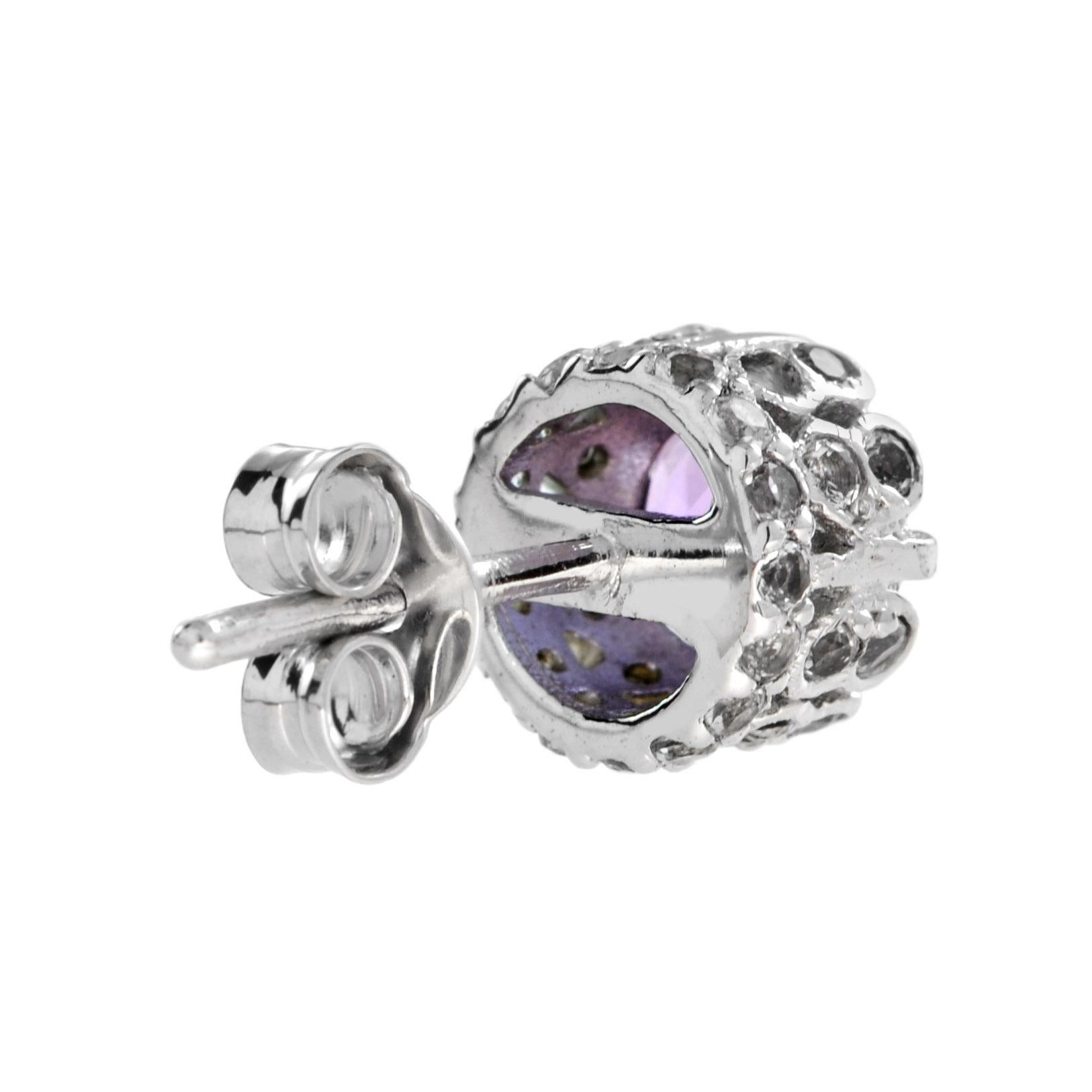 Taglio rotondo Purple Violet Round Shape Brilliant Amethyst & Diamond Solitaire Stud Earrings in vendita