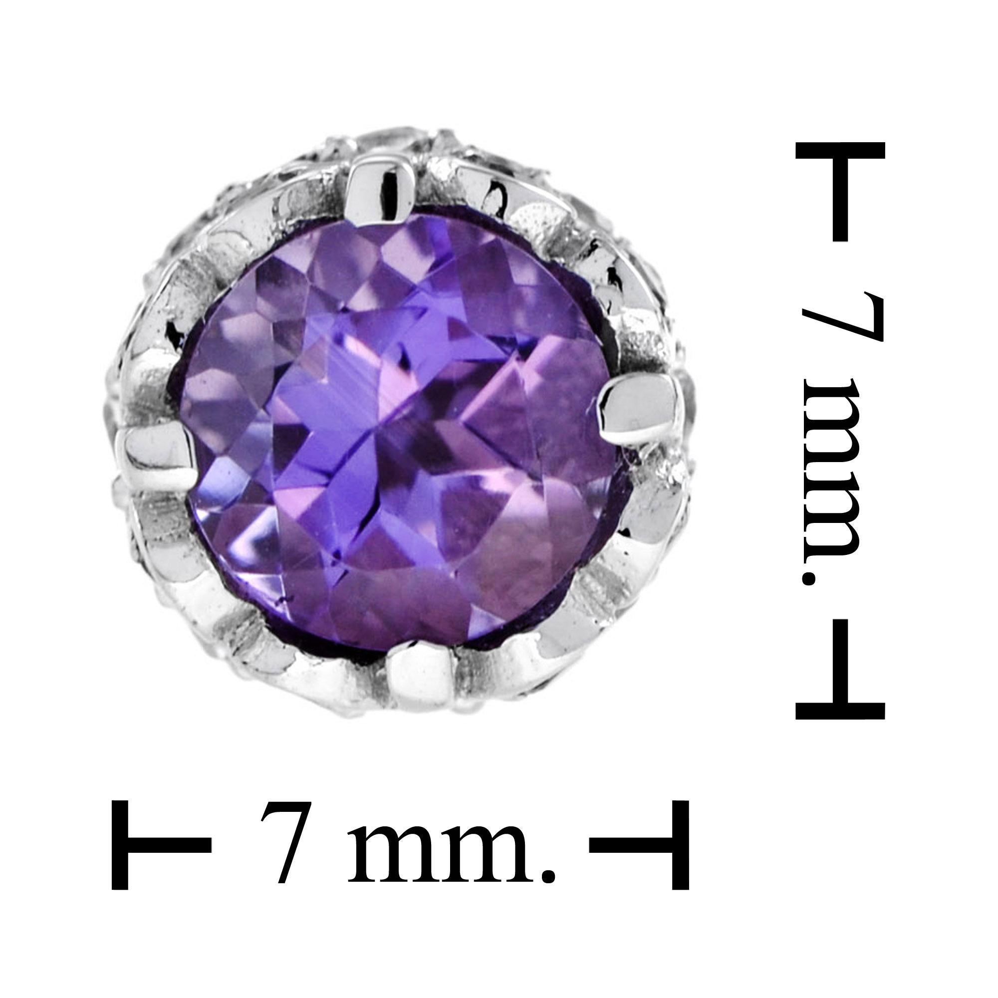 da uomo o donna Purple Violet Round Shape Brilliant Amethyst & Diamond Solitaire Stud Earrings in vendita