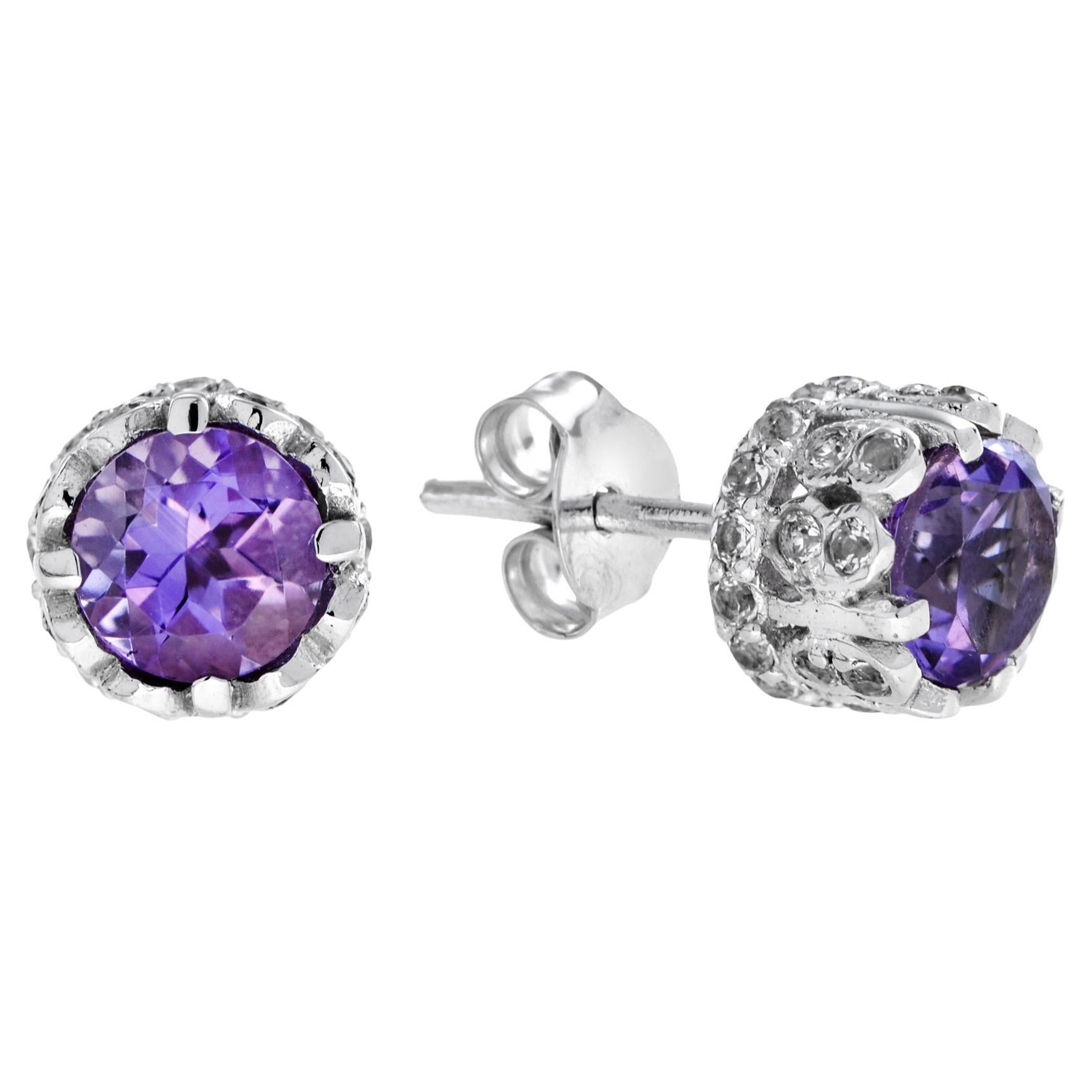 Purple Violet Round Shape Brilliant Amethyst & Diamond Solitaire Stud Earrings