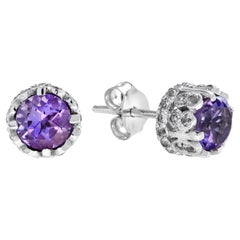 Purple Violet Round Shape Brilliant Amethyst & Diamond Solitaire Stud Earrings