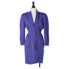 Vintage Purple wool skirt-suit with asymmetrical collar Thierry Mugler