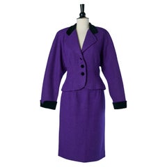 Vintage Purple wool skirt suit with black velvet details EMMANUELLE KHANH