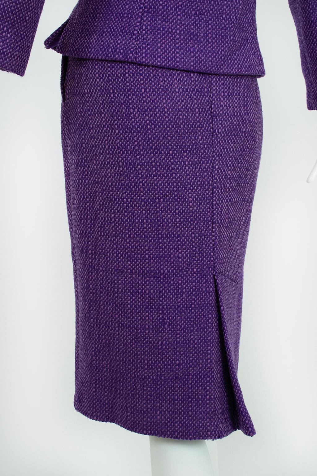 Purple Wool Tweed Portrait Collar ¾ Pencil Suit and Inverness Coat – M, 1950s 7