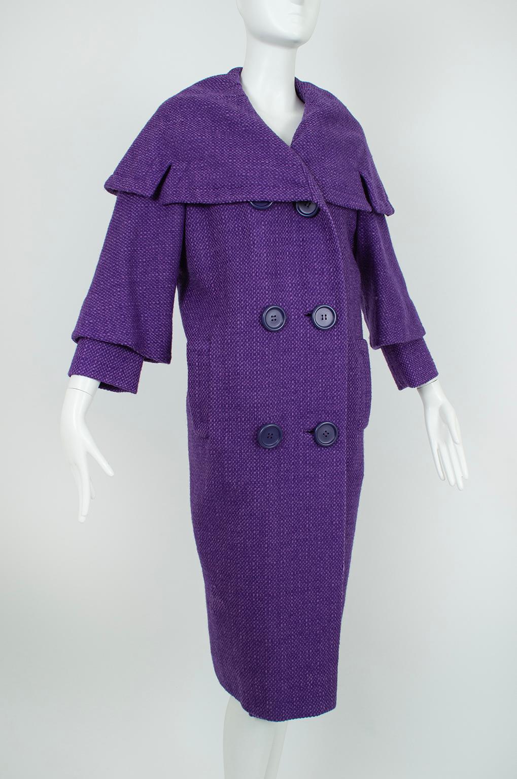 Purple Wool Tweed Portrait Collar ¾ Pencil Suit and Inverness Coat – M, 1950s 8