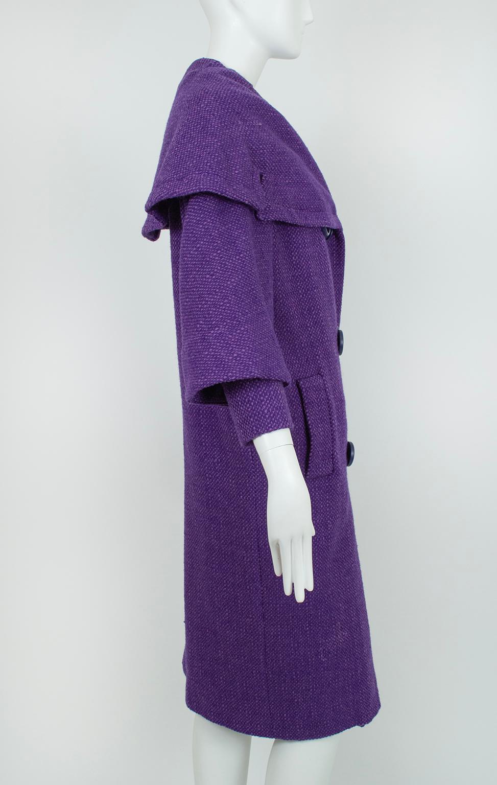 Purple Wool Tweed Portrait Collar ¾ Pencil Suit and Inverness Coat – M, 1950s 9