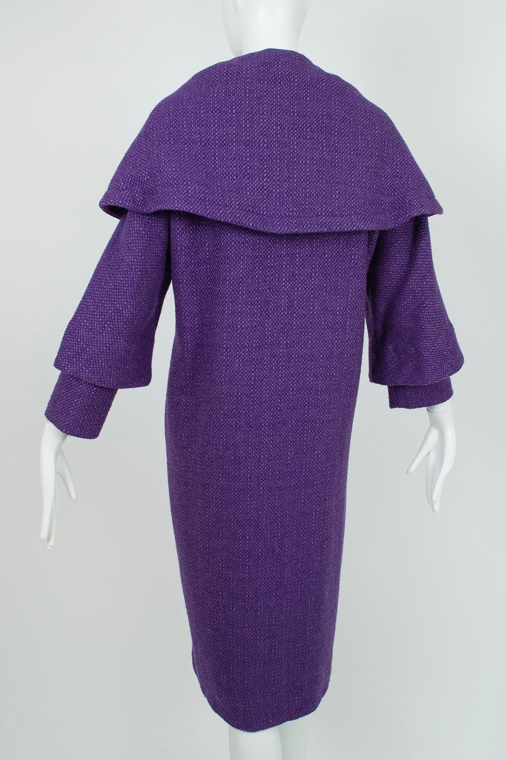 Purple Wool Tweed Portrait Collar ¾ Pencil Suit and Inverness Coat – M, 1950s 10