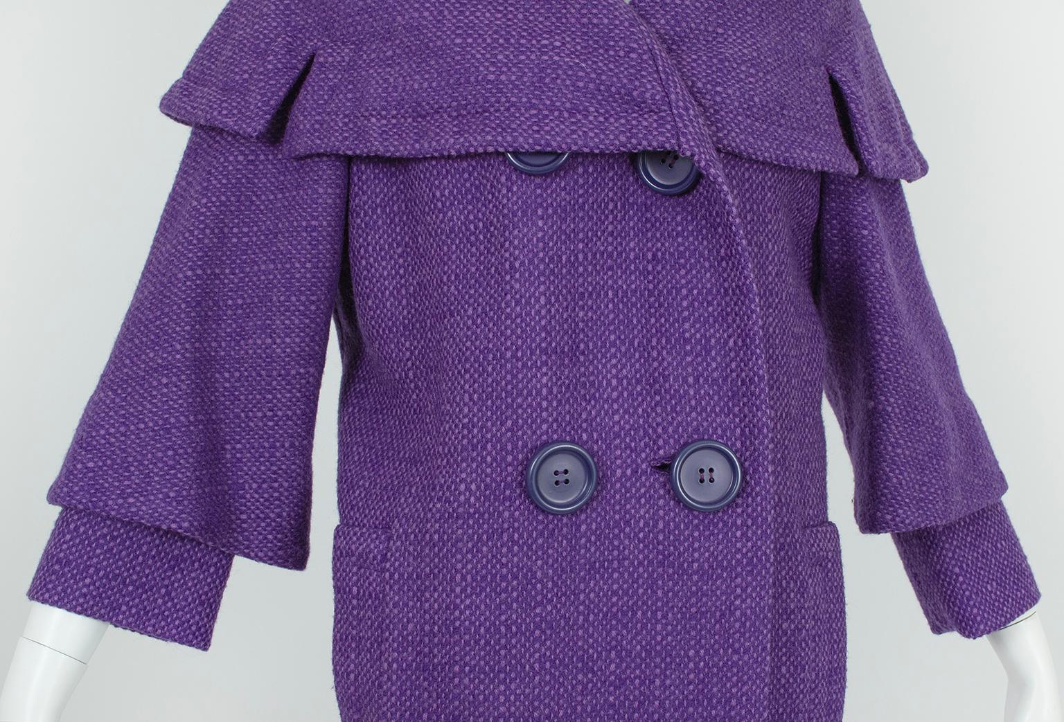 Purple Wool Tweed Portrait Collar ¾ Pencil Suit and Inverness Coat – M, 1950s 13