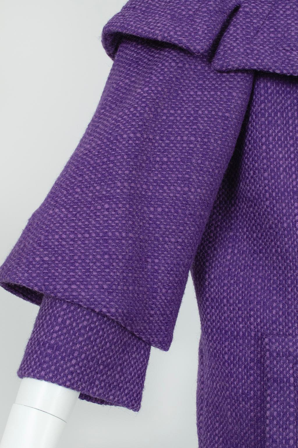 Purple Wool Tweed Portrait Collar ¾ Pencil Suit and Inverness Coat – M, 1950s 14