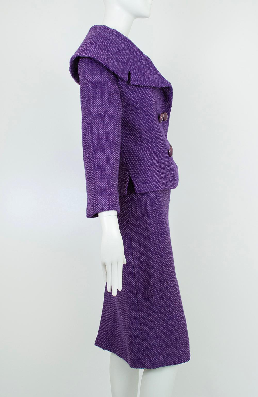 Purple Wool Tweed Portrait Collar ¾ Pencil Suit and Inverness Coat – M, 1950s In Good Condition In Tucson, AZ