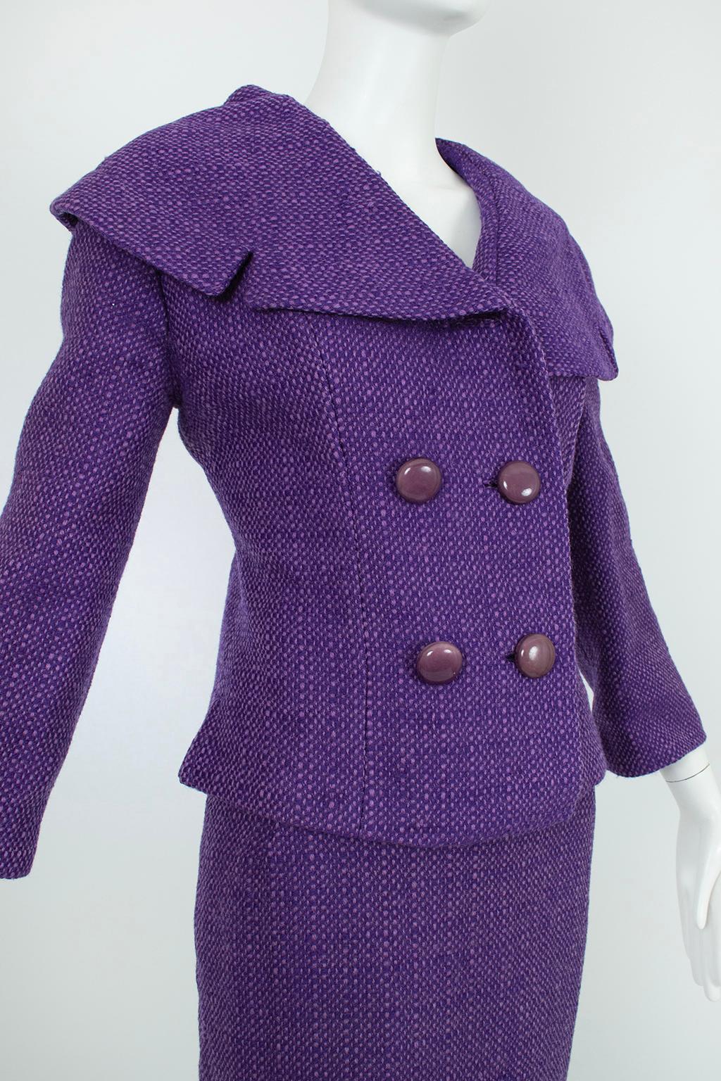 Purple Wool Tweed Portrait Collar ¾ Pencil Suit and Inverness Coat – M, 1950s 1