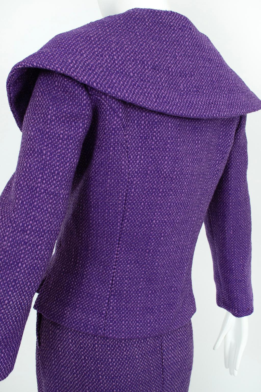 Purple Wool Tweed Portrait Collar ¾ Pencil Suit and Inverness Coat – M, 1950s 2