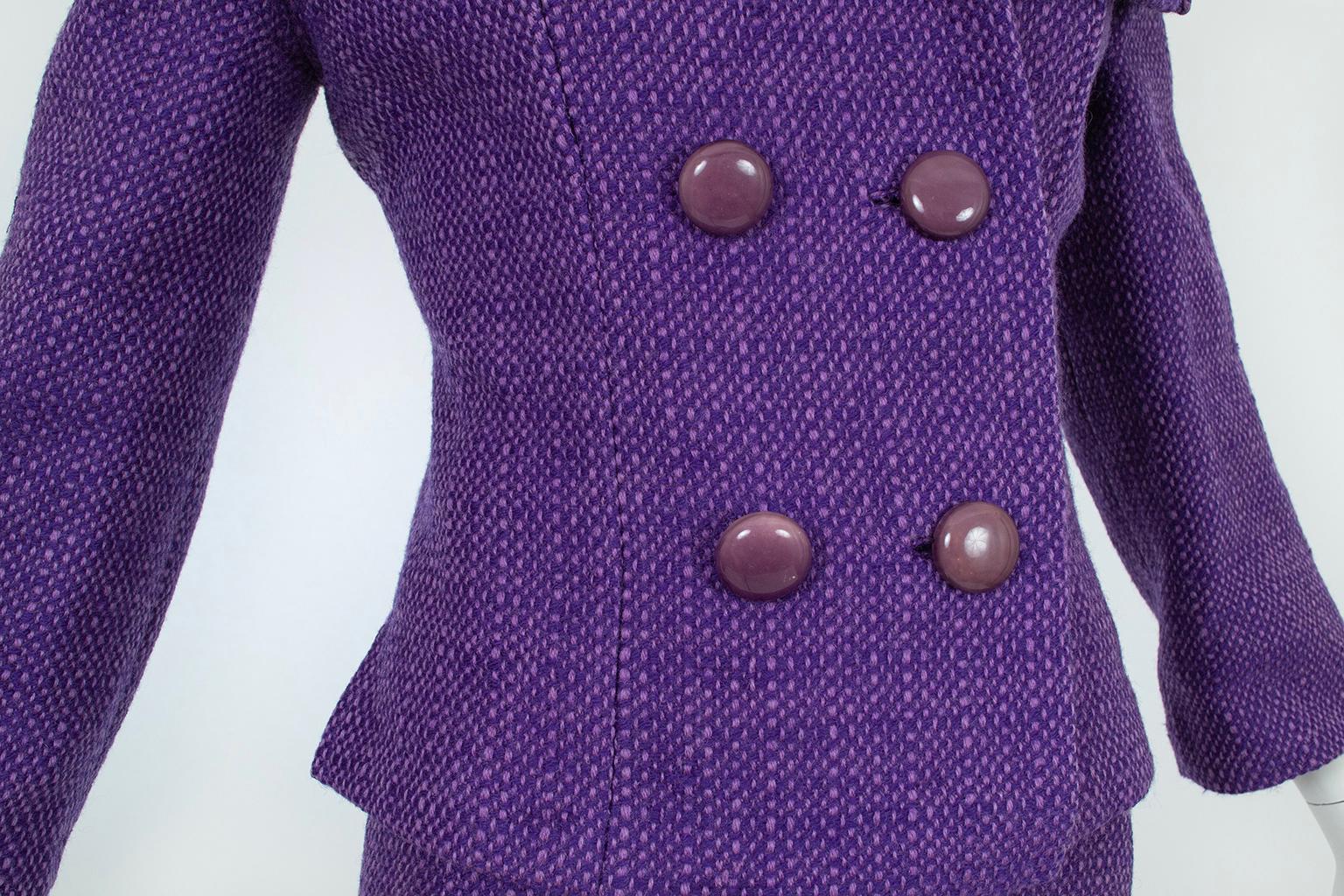 Purple Wool Tweed Portrait Collar ¾ Pencil Suit and Inverness Coat – M, 1950s 3