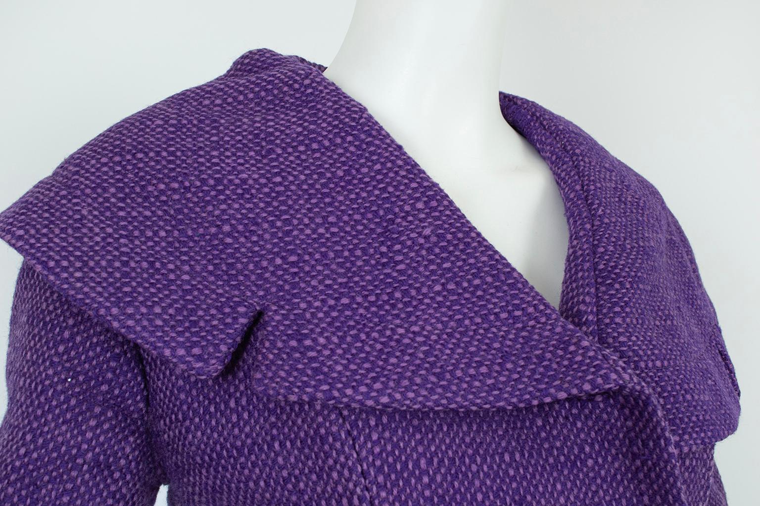 Purple Wool Tweed Portrait Collar ¾ Pencil Suit and Inverness Coat – M, 1950s 4