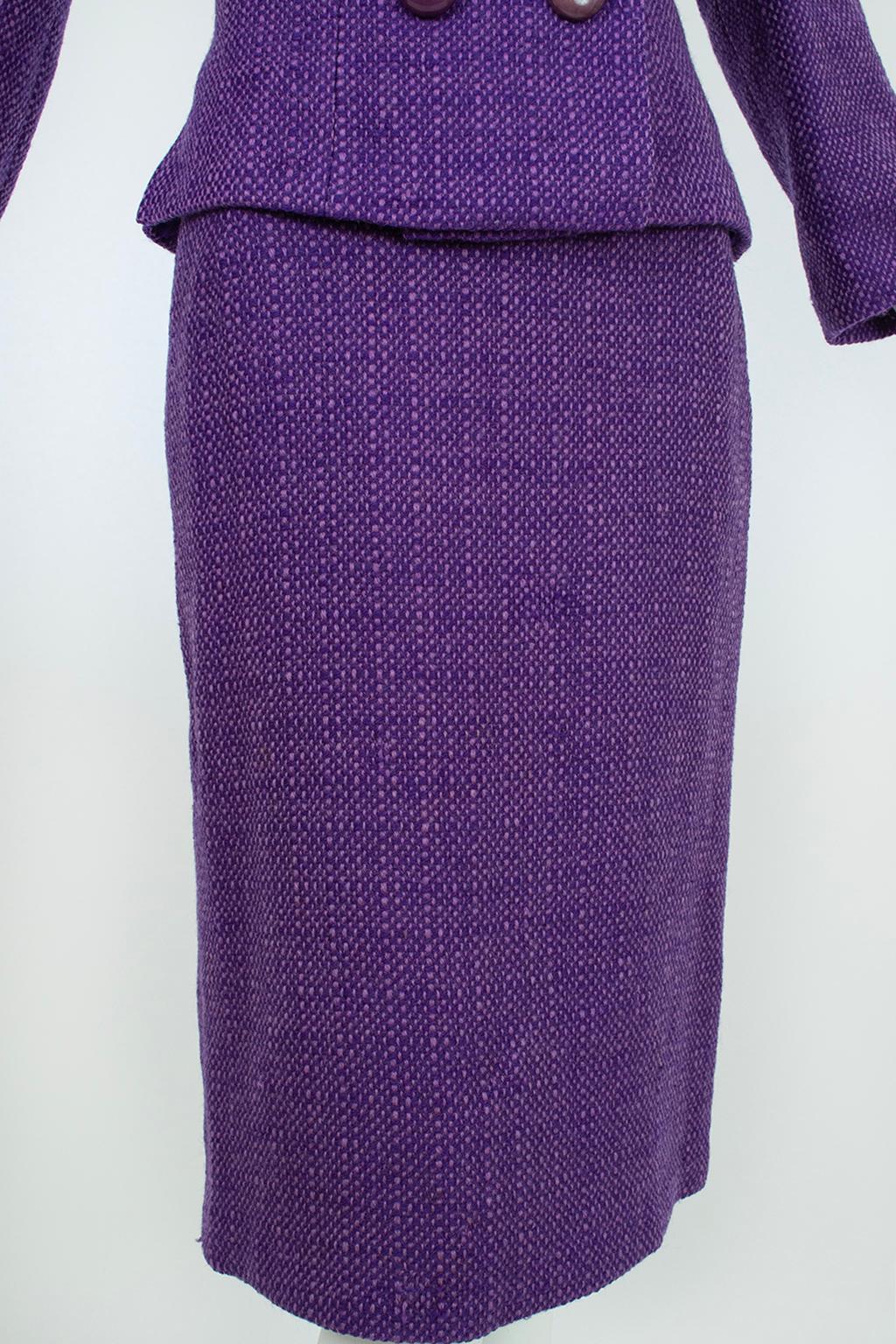 Purple Wool Tweed Portrait Collar ¾ Pencil Suit and Inverness Coat – M, 1950s 5