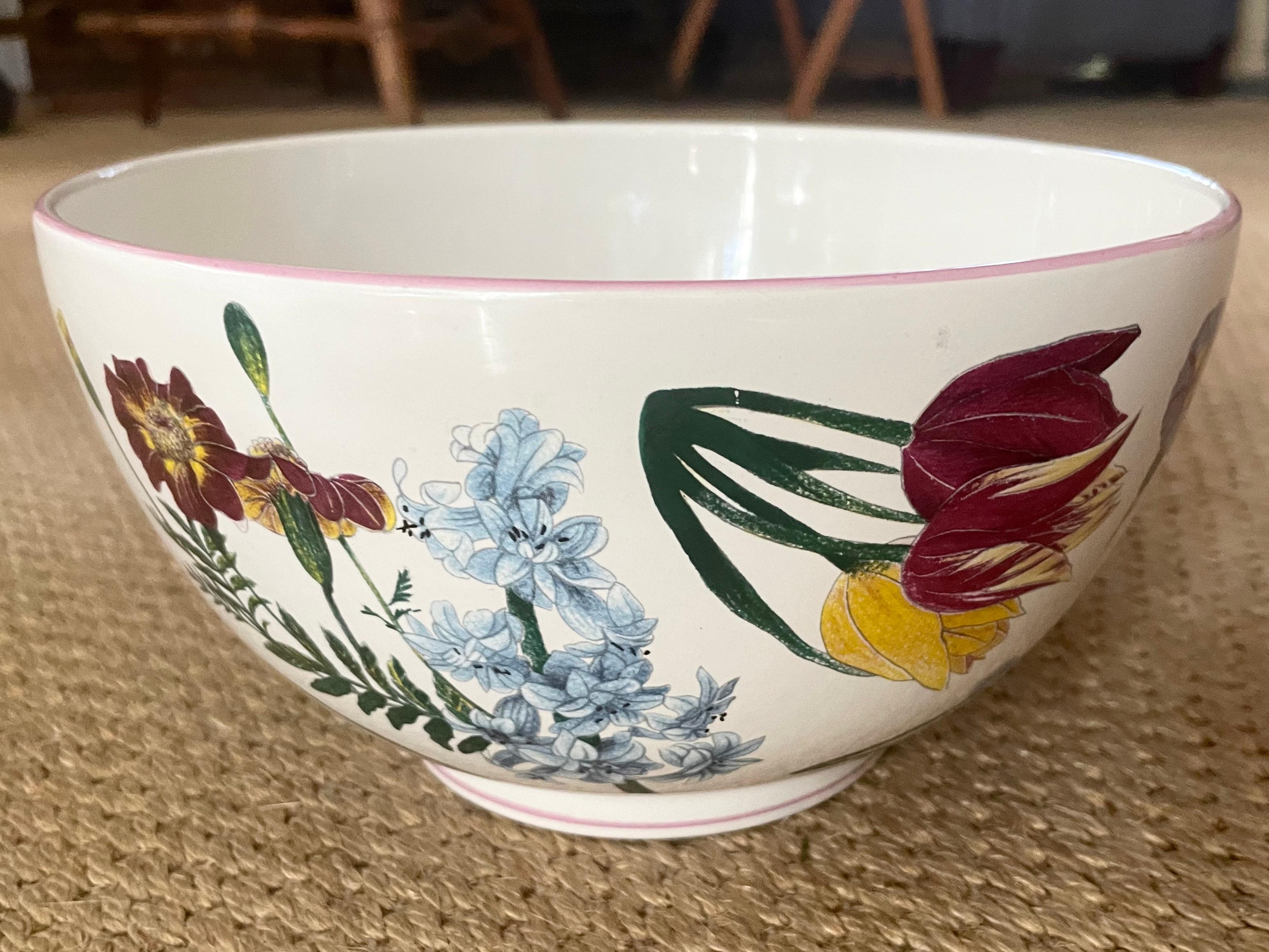 Glazed Purple Yellow and Blue Floral Serving Bowl  For Sale