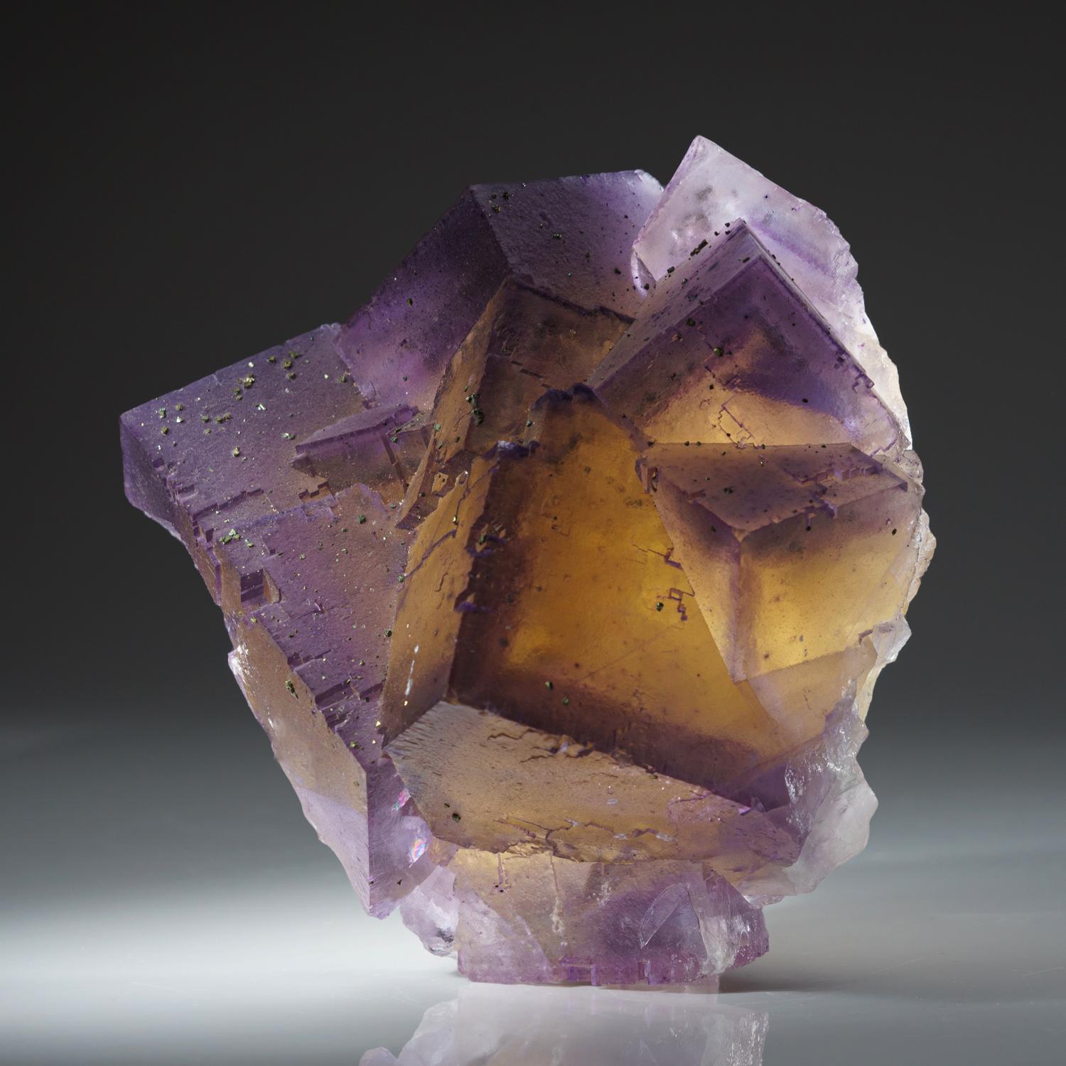 Purple yellow fluorite from elmwood mine, Carthage, Smith County, Tennessee.

Transparent 3D cubic formation of bi colored purple fluorite with gem yellow core. Bright vibrant core with purple phantom zoning outlining the crystal faces. 

4.4