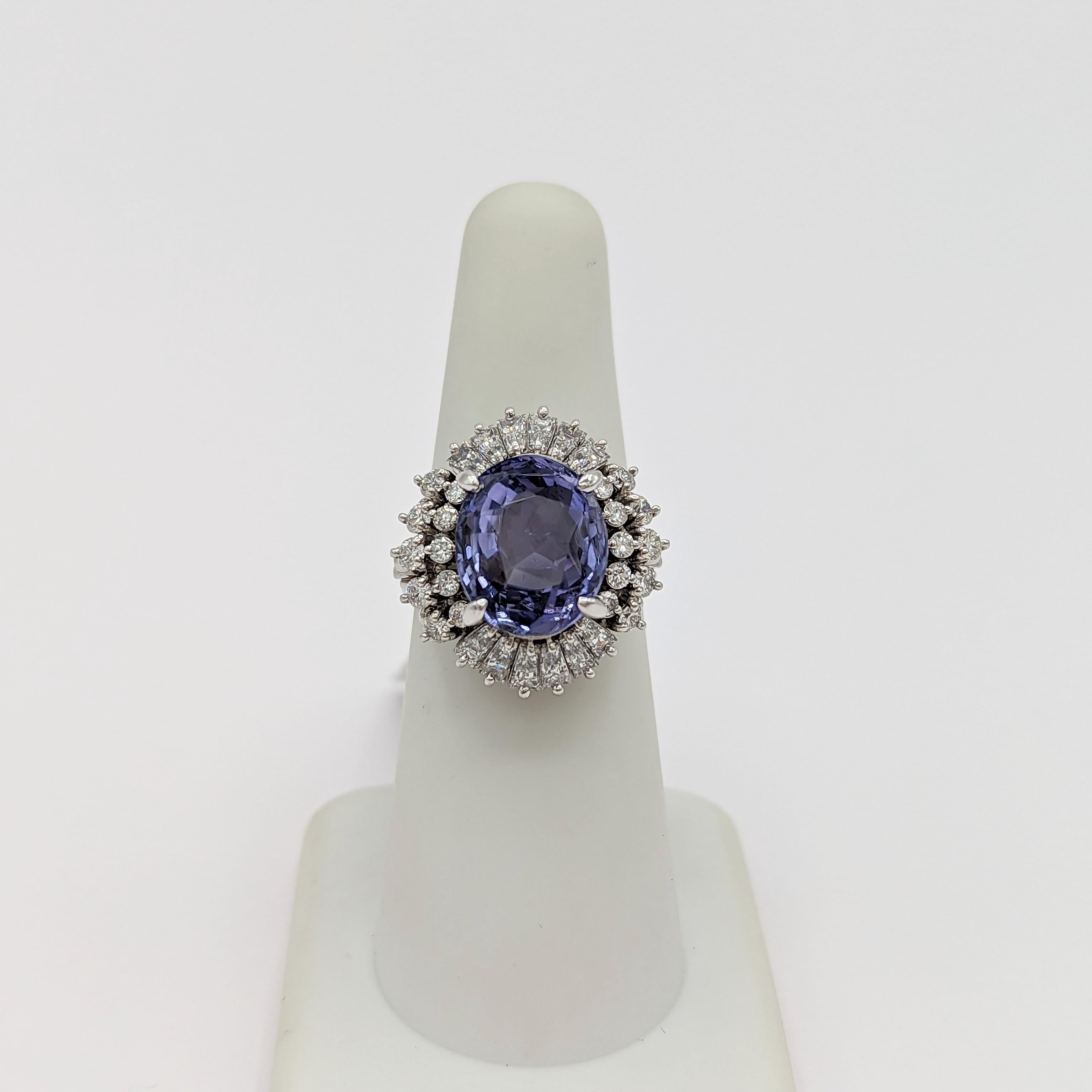 Purplish Blue Sapphire Oval and White Diamond Cocktail Ring in Platinum For Sale 5