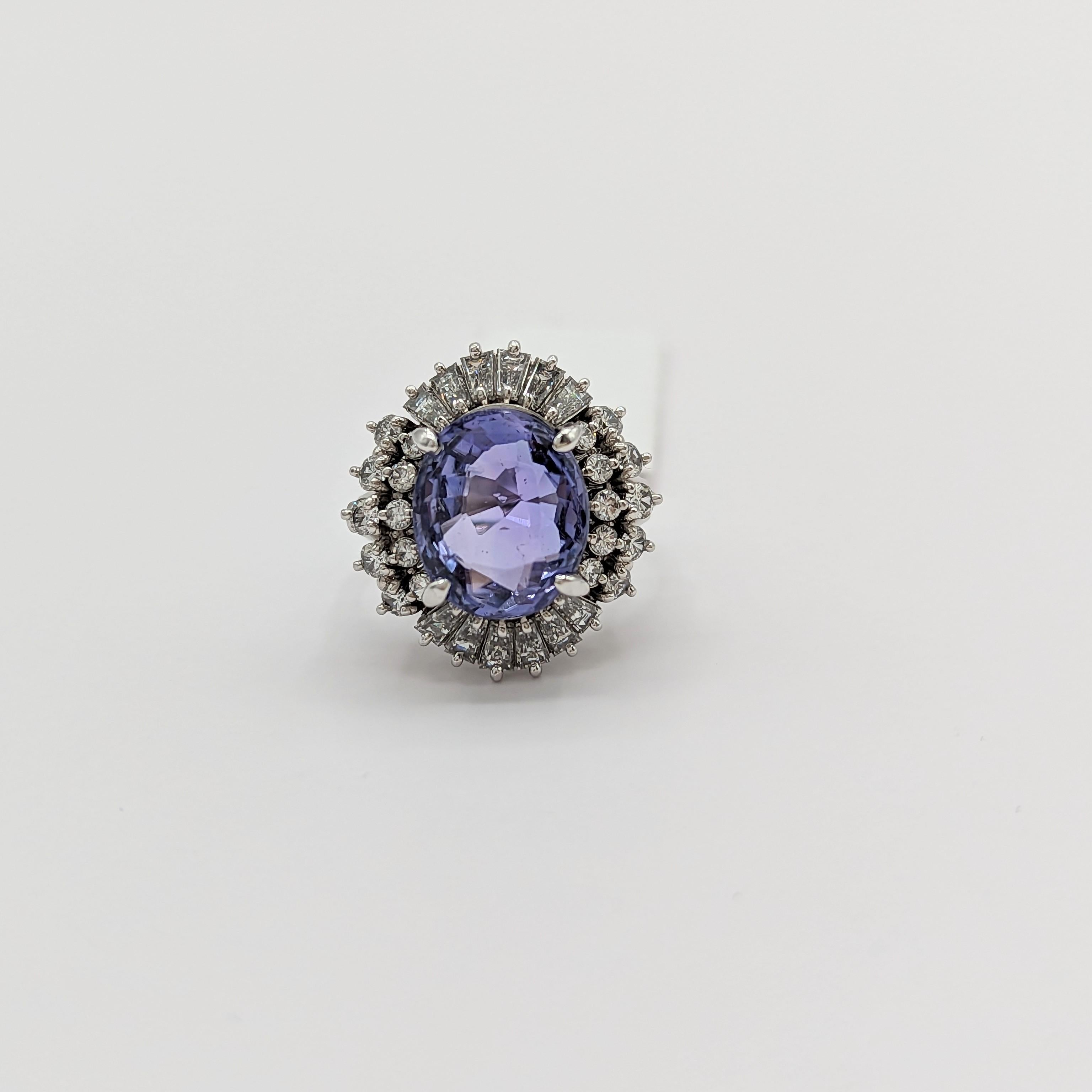 Purplish Blue Sapphire Oval and White Diamond Cocktail Ring in Platinum For Sale 6