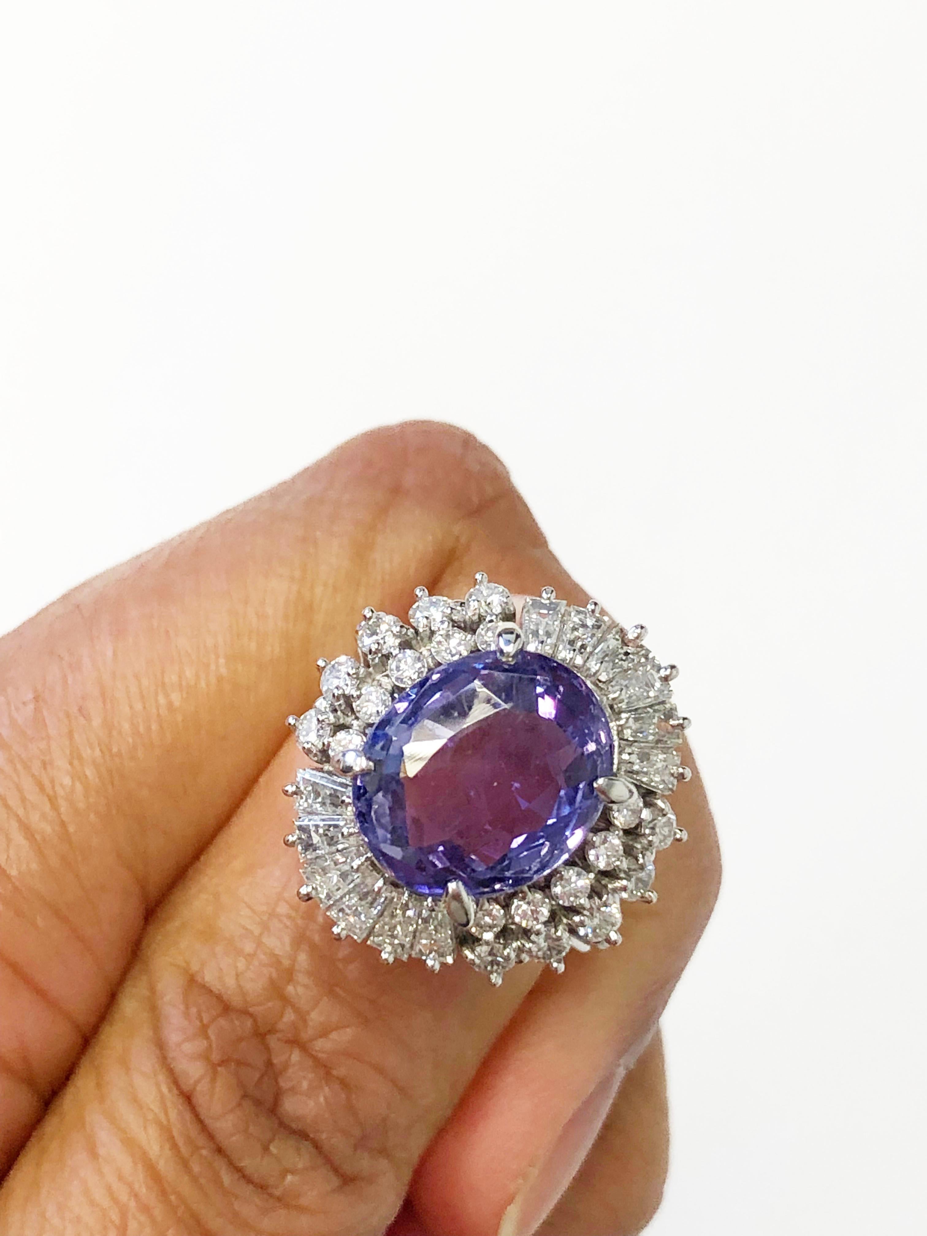 Oval Cut Purplish Blue Sapphire Oval and White Diamond Cocktail Ring in Platinum For Sale