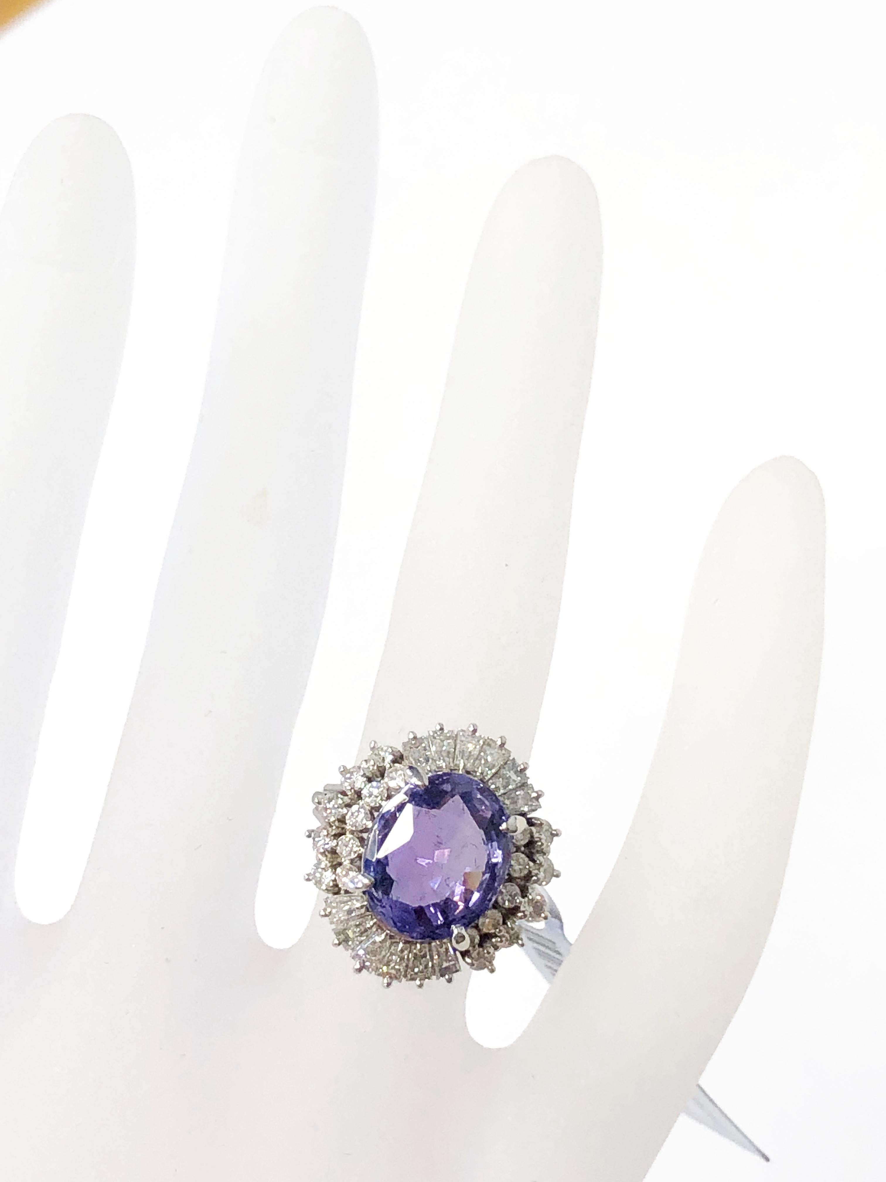 Women's or Men's Purplish Blue Sapphire Oval and White Diamond Cocktail Ring in Platinum For Sale