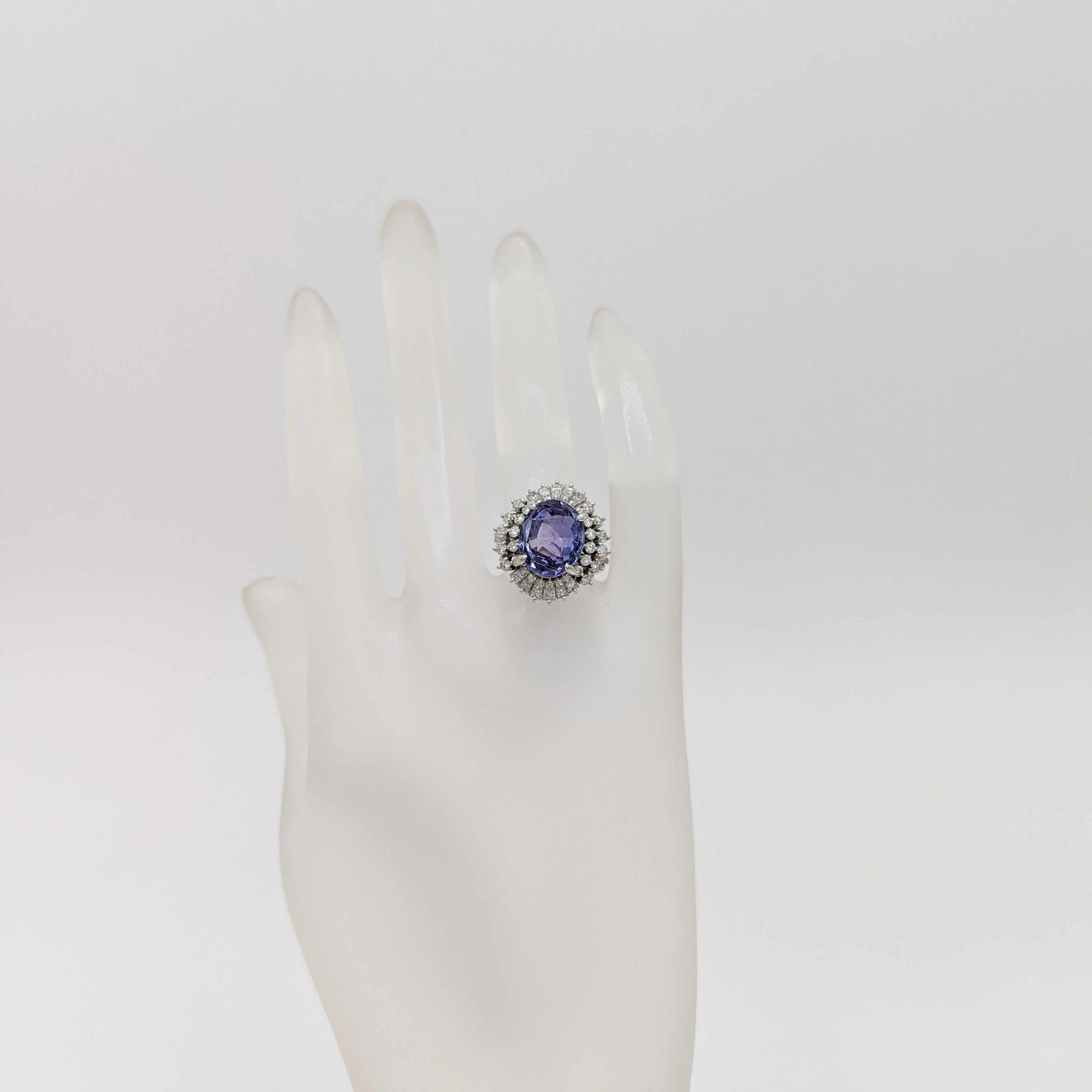 Purplish Blue Sapphire Oval and White Diamond Cocktail Ring in Platinum For Sale 1