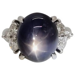 Purplish Blue Star Sapphire Oval Cabochon and White Diamond Cocktail Ring