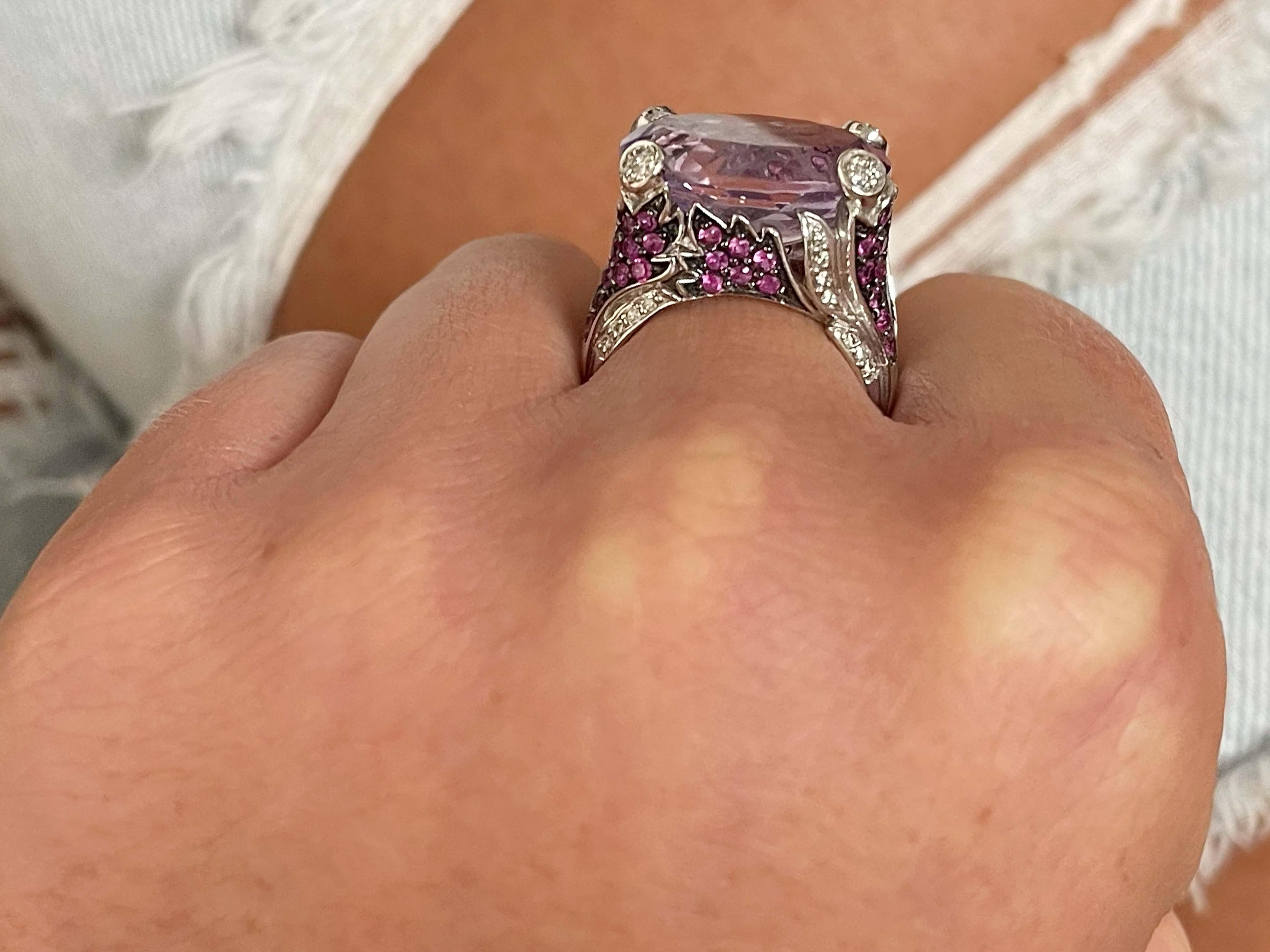 Modern Purplish Pink Kunzite Ruby and Diamond Ring in 18k White Gold For Sale