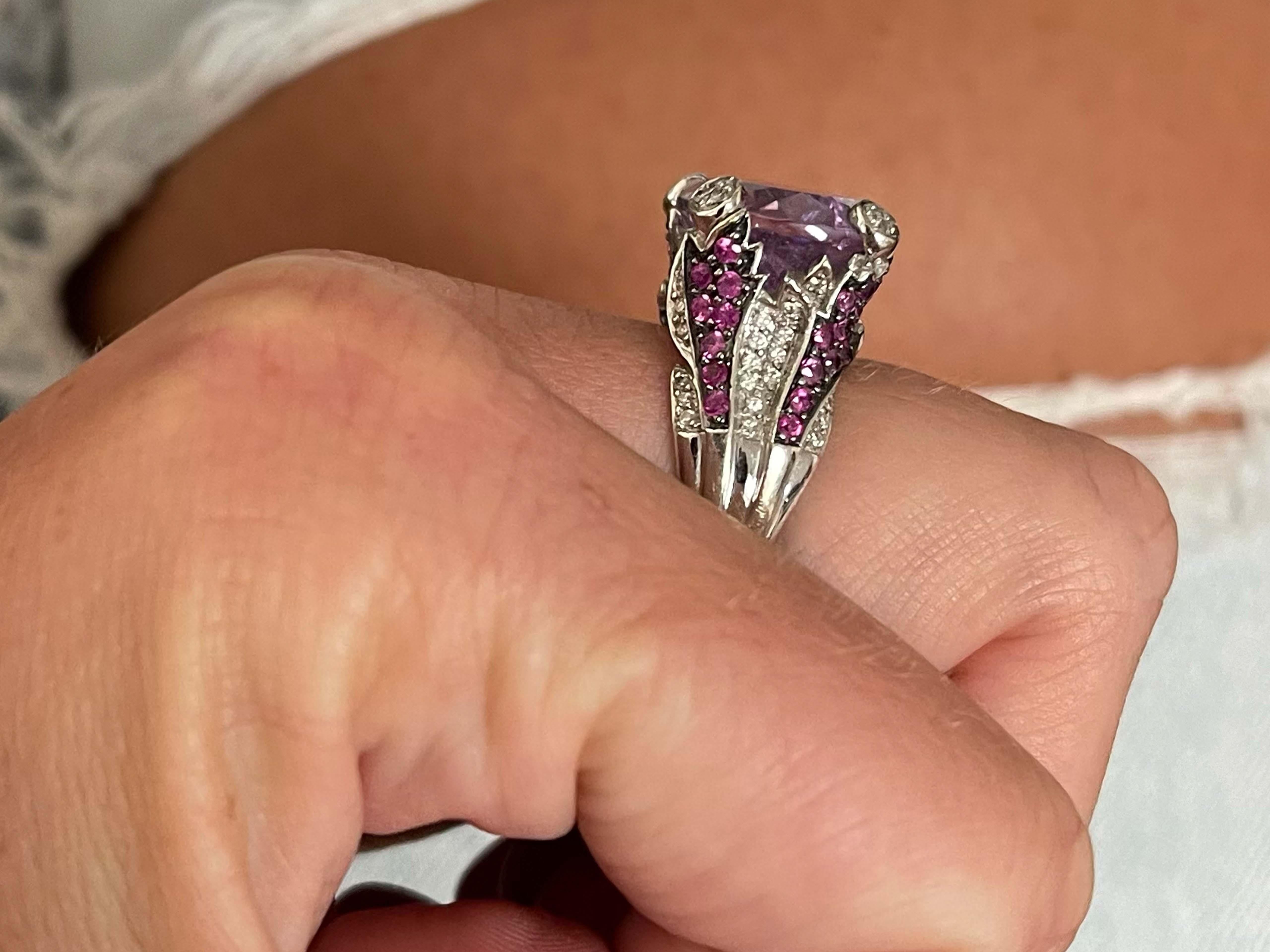 Oval Cut Purplish Pink Kunzite Ruby and Diamond Ring in 18k White Gold For Sale