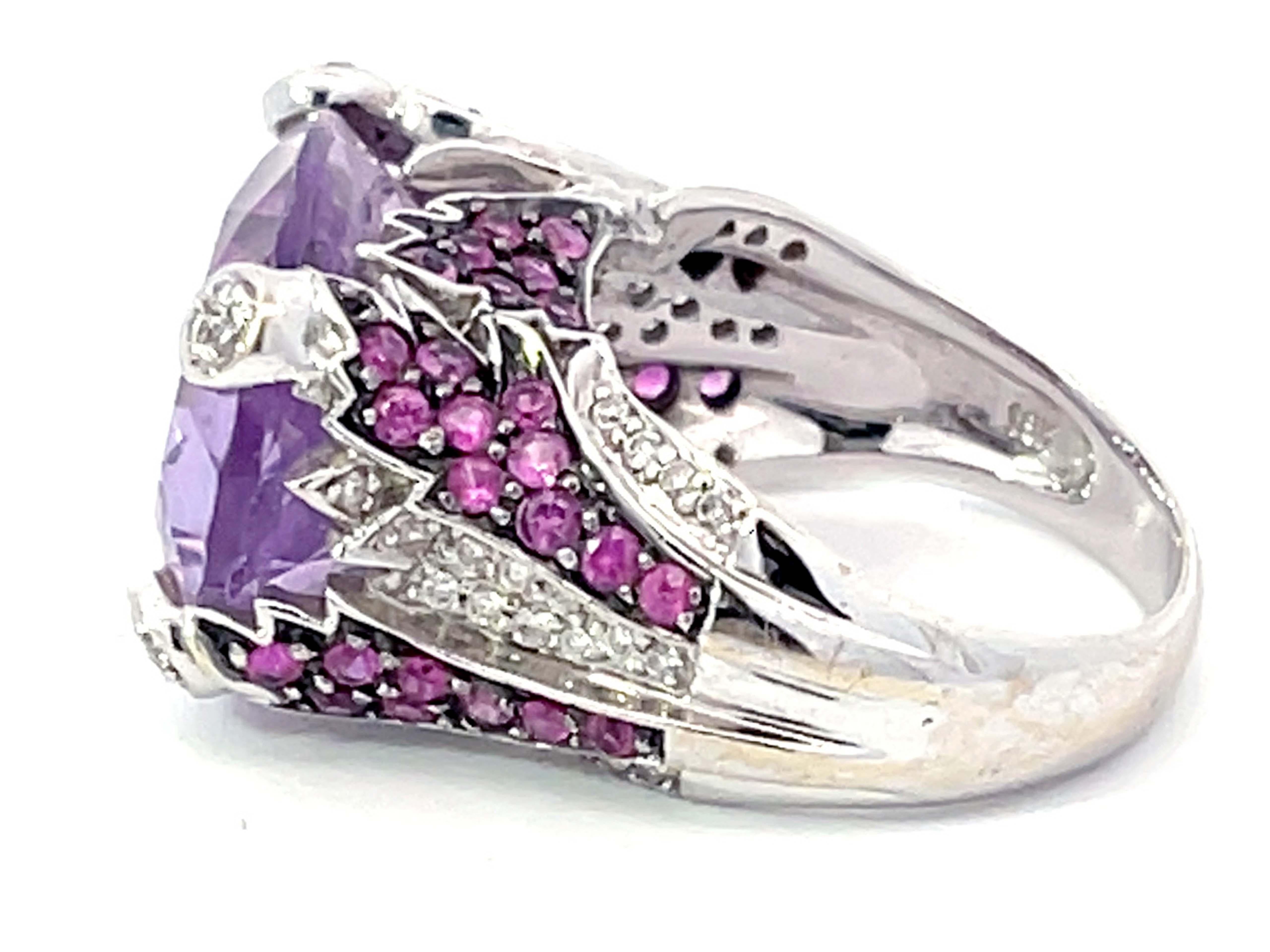 Women's Purplish Pink Kunzite Ruby and Diamond Ring in 18k White Gold For Sale