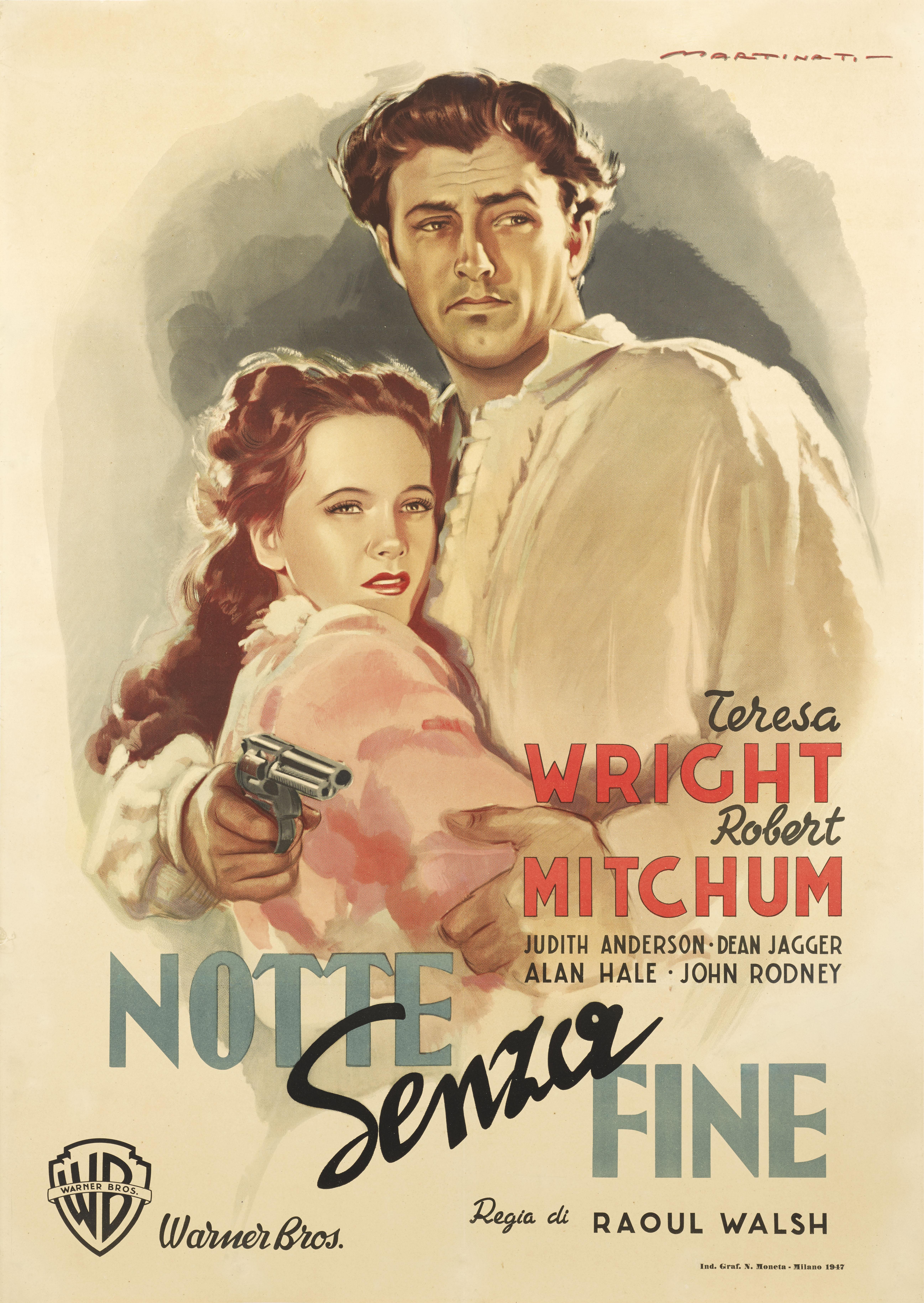 Exceptionally rare original Italian film poster for the 1947 western Pursued.
This film was directed by Raoul Walsh and starred Teresa Wright and Robert Mitchum. To date no other example of this poster has ever surfaced.
The beautiful artwork is by