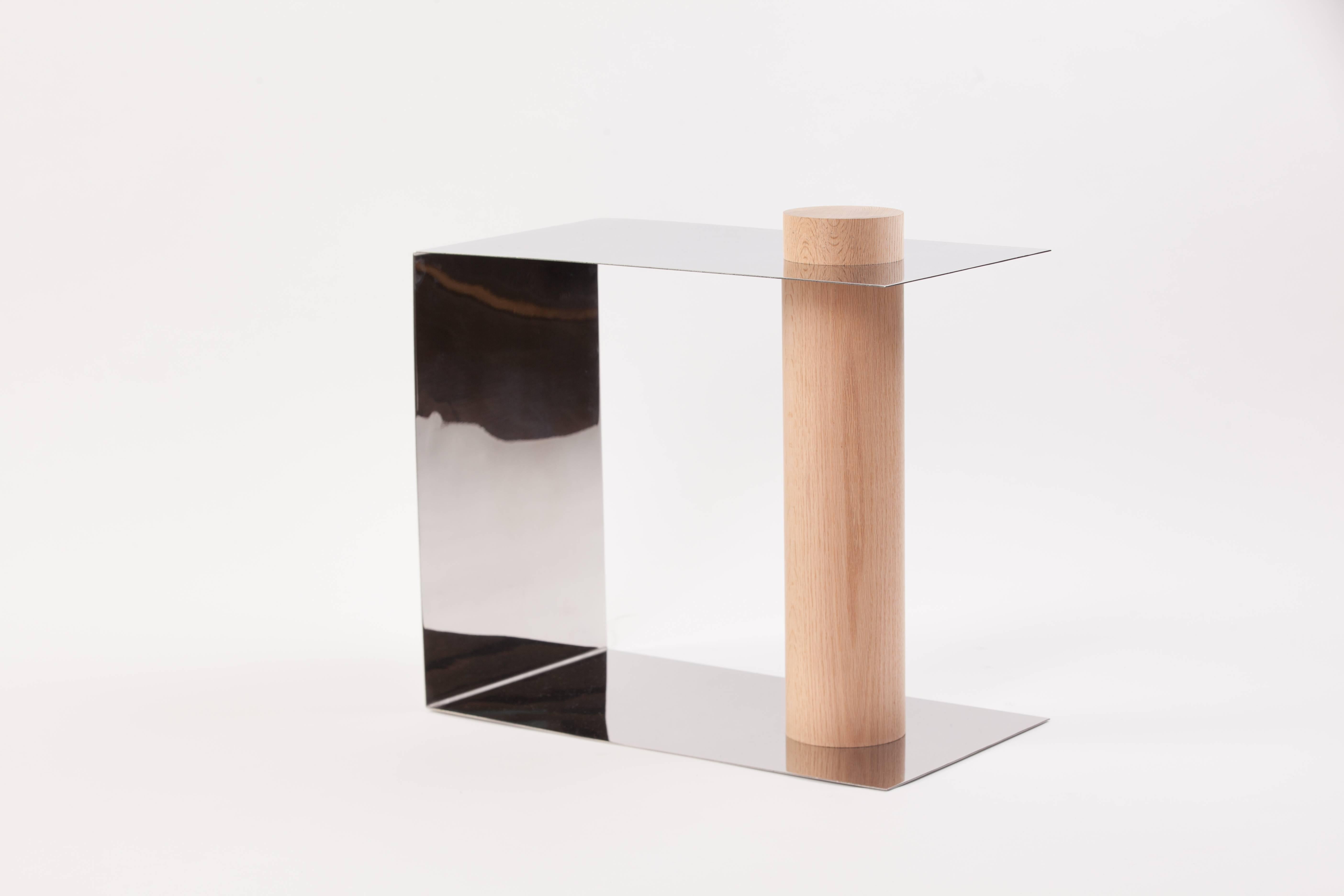 American PURU Side Table in Polished Stainless Steel & White Oak by Estudio Persona