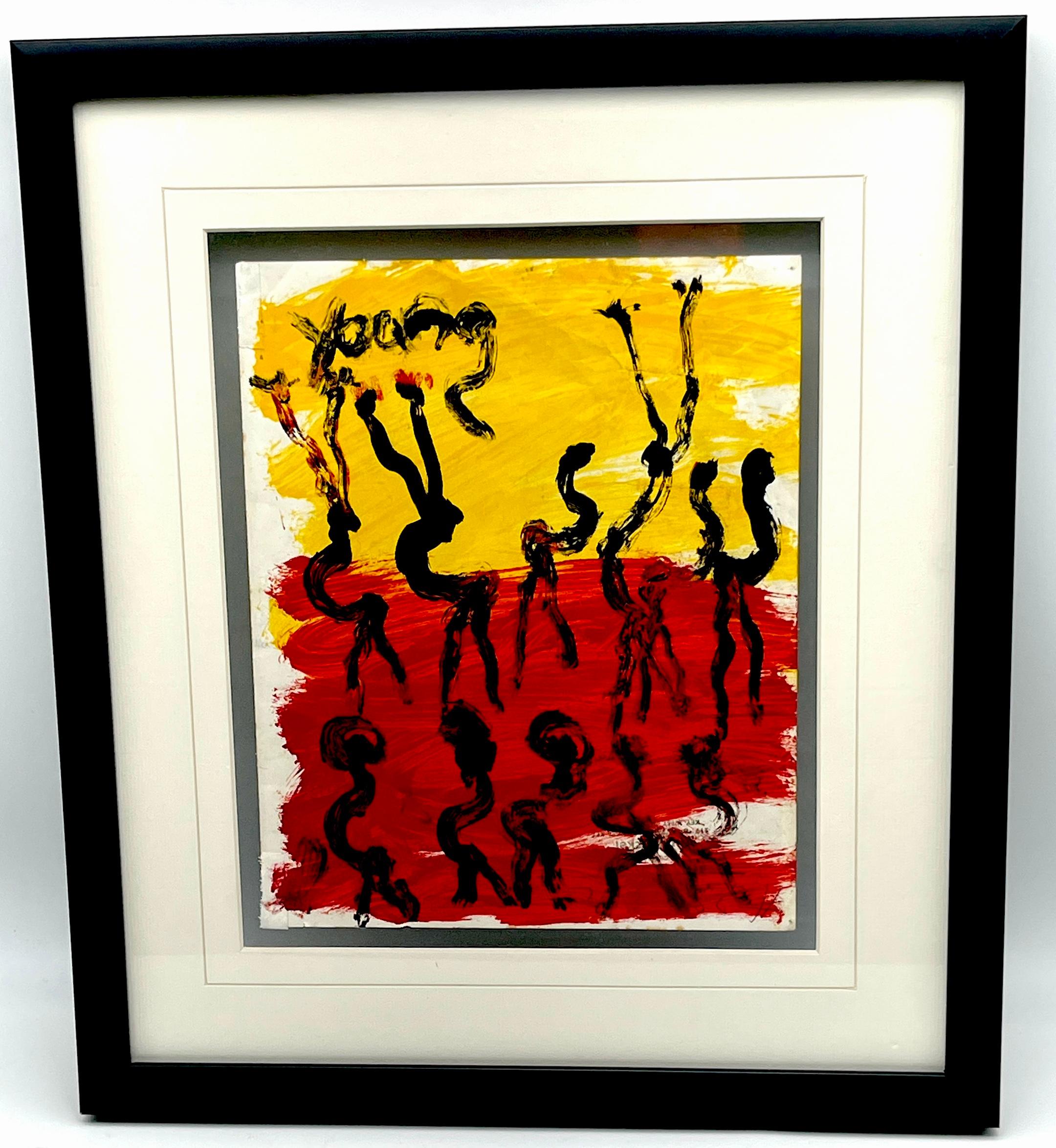 Purvis Young (1943–2010): 'Fire Dancers' 20th Century
USA, circa 1980s
'Fire Dancers', circa 1980s, is a compelling oil painting by the celebrated American artist Purvis Young (1943–2010). This vibrant artwork, signed 'Young' at the top left,
