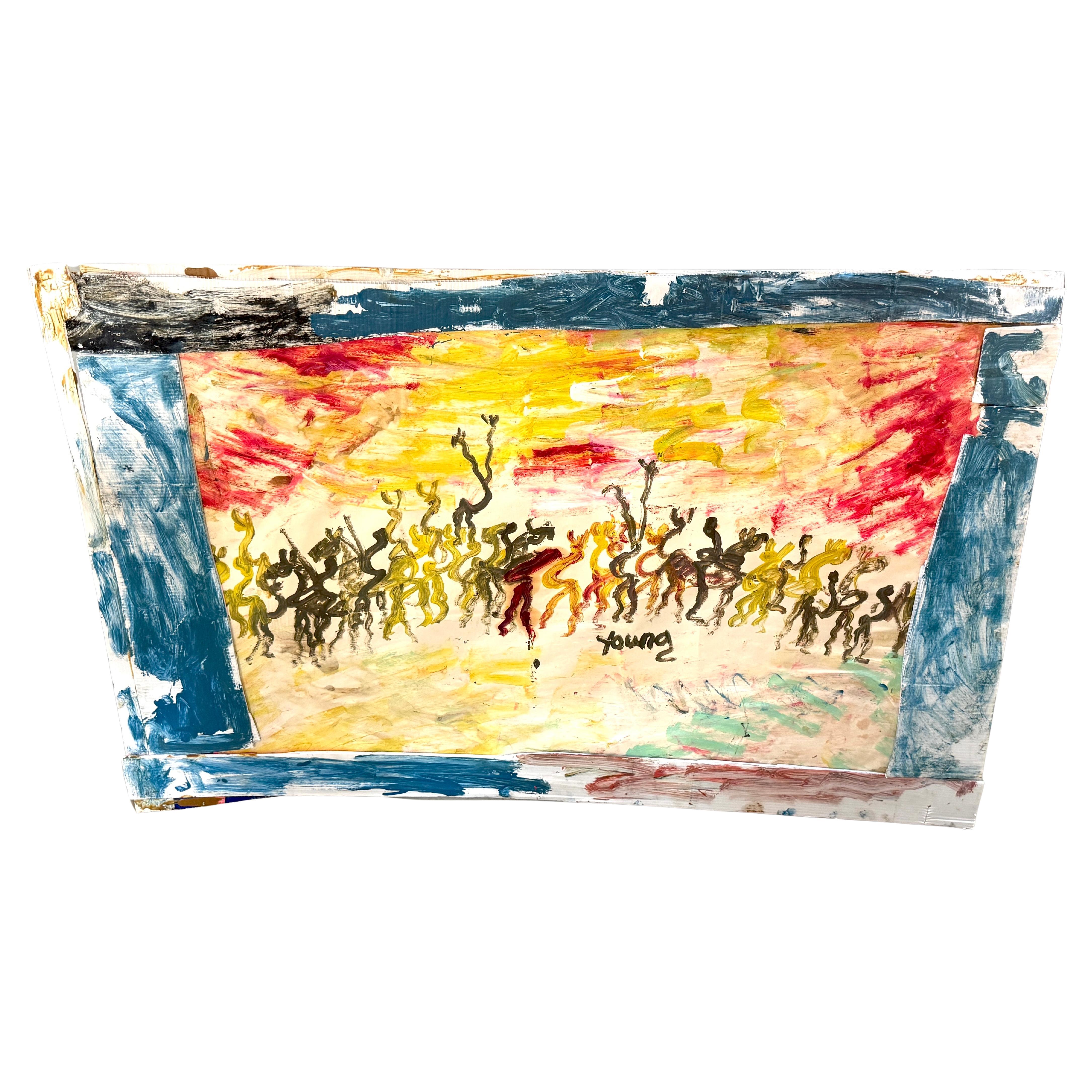 Purvis Young (Amerikaner, 1943-2010)  "Krieger unter einem brennenden Himmel" im Angebot