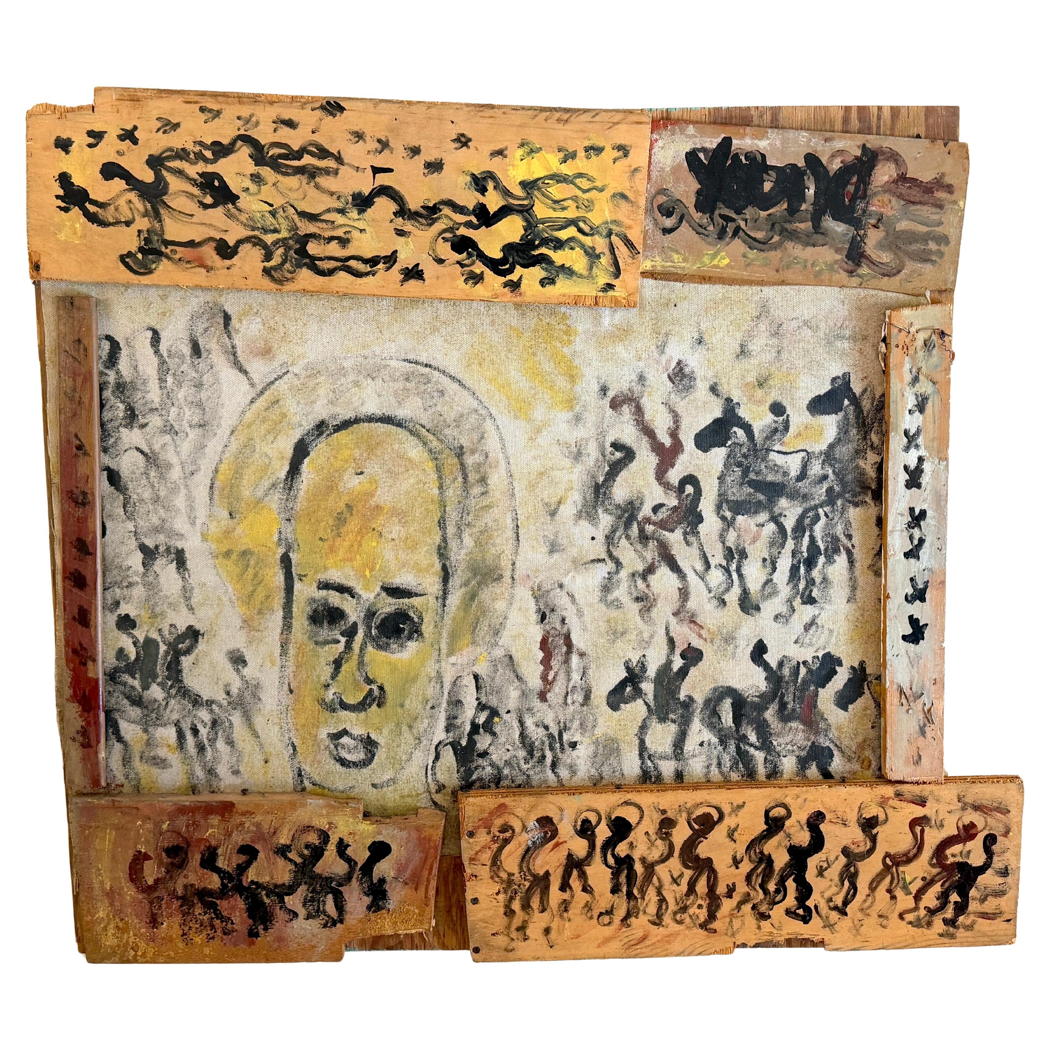 Purvis Young “Black Angel with Procession” Mixed-Media Assemblage, Circa 1985 For Sale