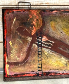 Purvis Young "Hombre en llamas"  Pintura Monumental Outsider sobre Bandeja de Acero Encontrada