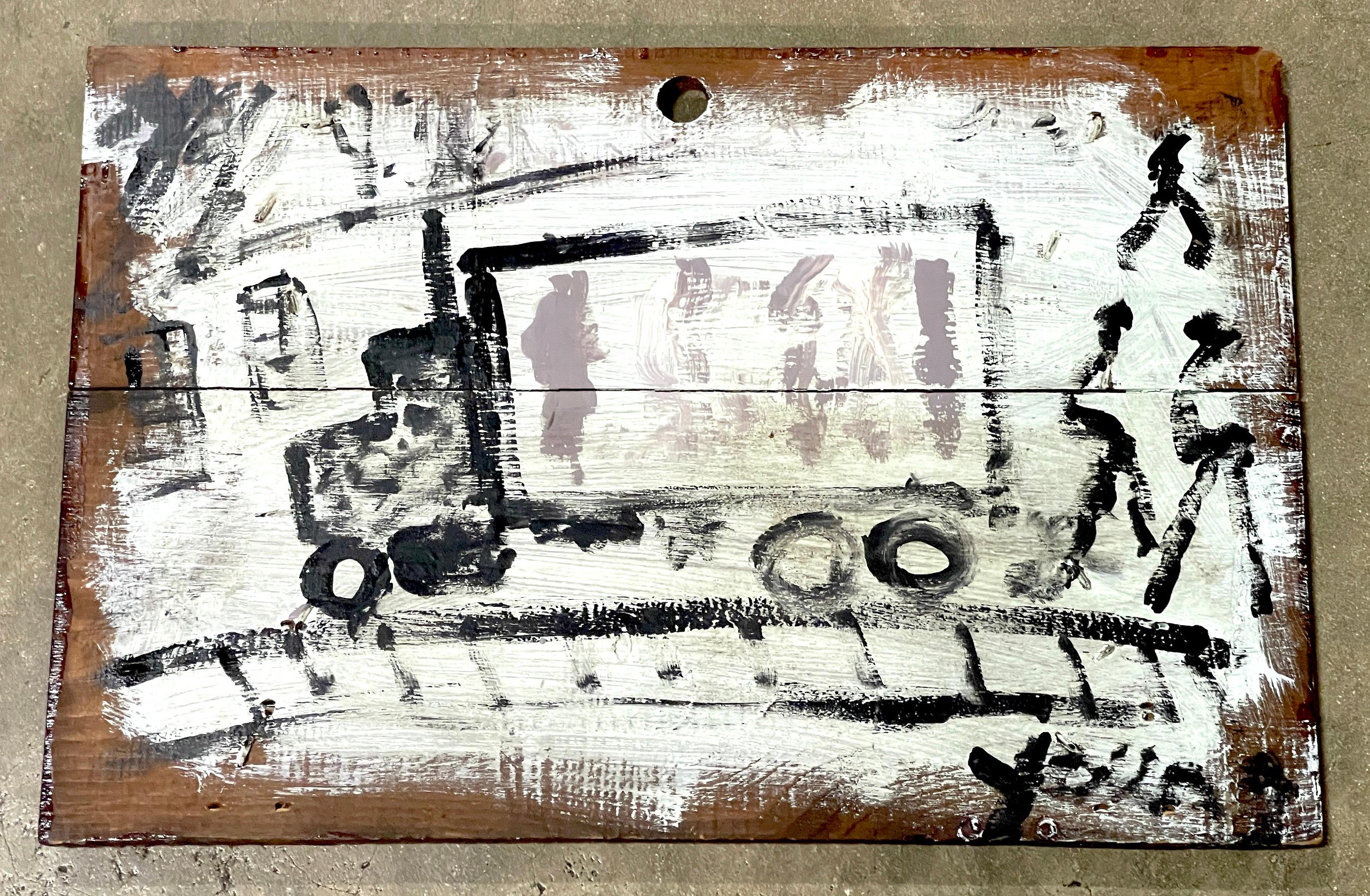 Purvis Young, Cityscape with Truck & Figures 
Painted with a depth of imagination, with whitened background of buildings, moving truck with warriors on a railroad like road,. This composition is painted on the found object, a vintage wood Budweiser
