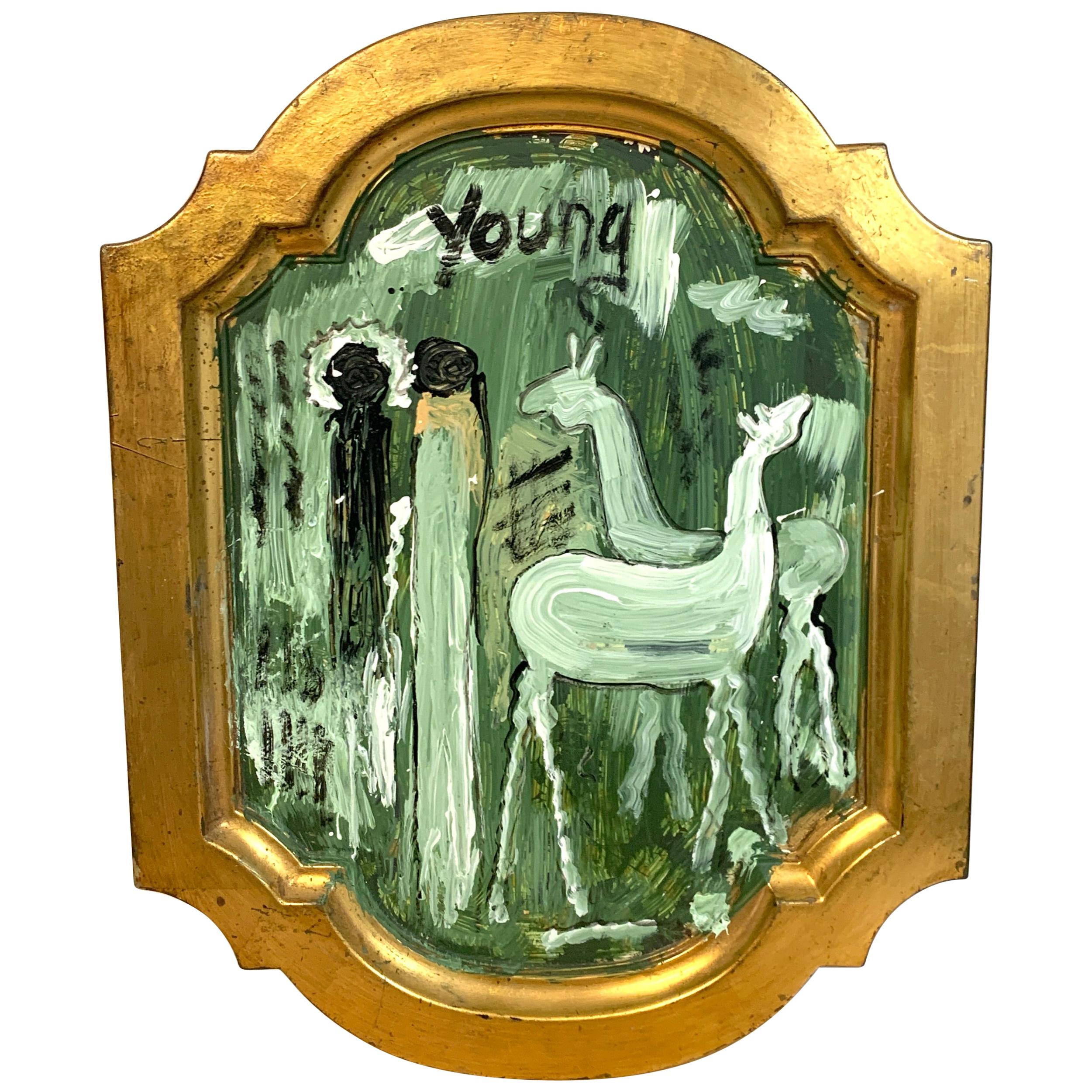Purvis Young figures & horses in landscape
Purvis Young (1943-2010) 
Painted on a 'formal' Italian gilt lacquered tray, framing the 14.5