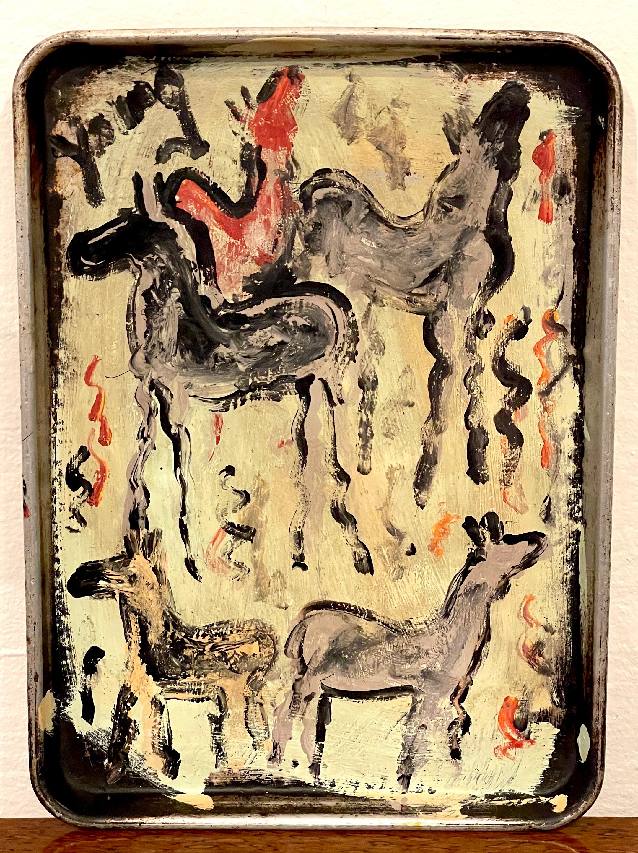'Herd of Freedom Horses' Purvis Young (1989-1999)
USA, circa 1980s

A progressive work, painted on found metal tray, of five horses in landscape. signed 'Young' upper right corner. In untouched well cared vintage condtion, ready to place. 

The