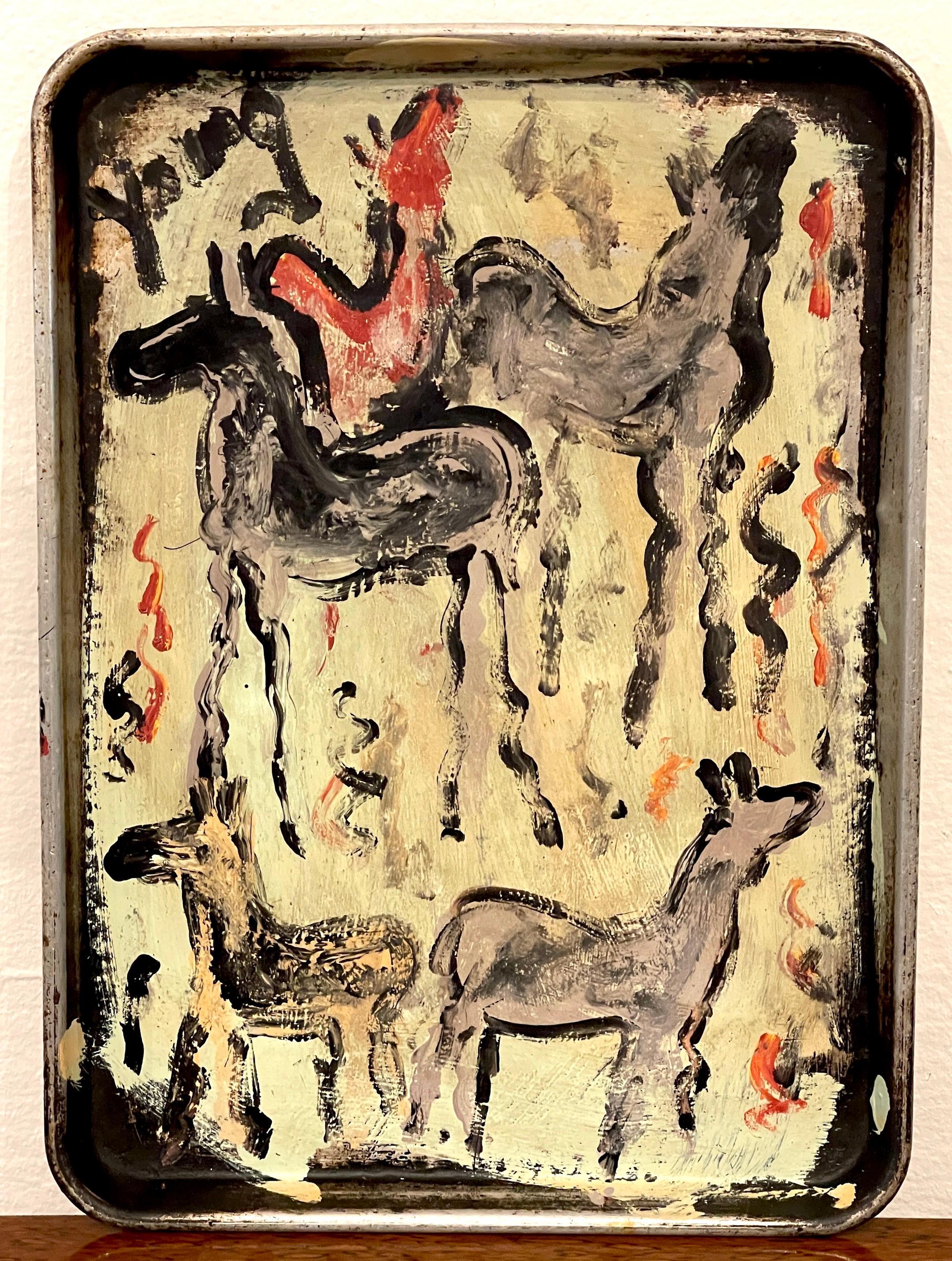 'Herd of Freedom Horses' by Purvis Young (1989–1999)
USA, circa 1980s

A progressive work, painted on a found metal tray, of five horses in landscape. signed 'Young' upper right corner. In untouched, well-cared-for vintage condition, ready to