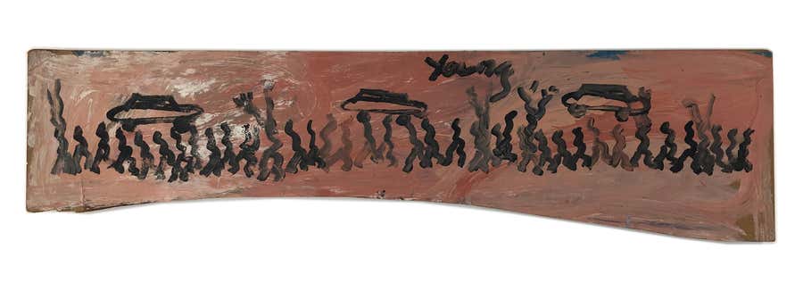 Celebration, Large Mixed Media Painting on Wood, Outsider Art, Late 20th Century