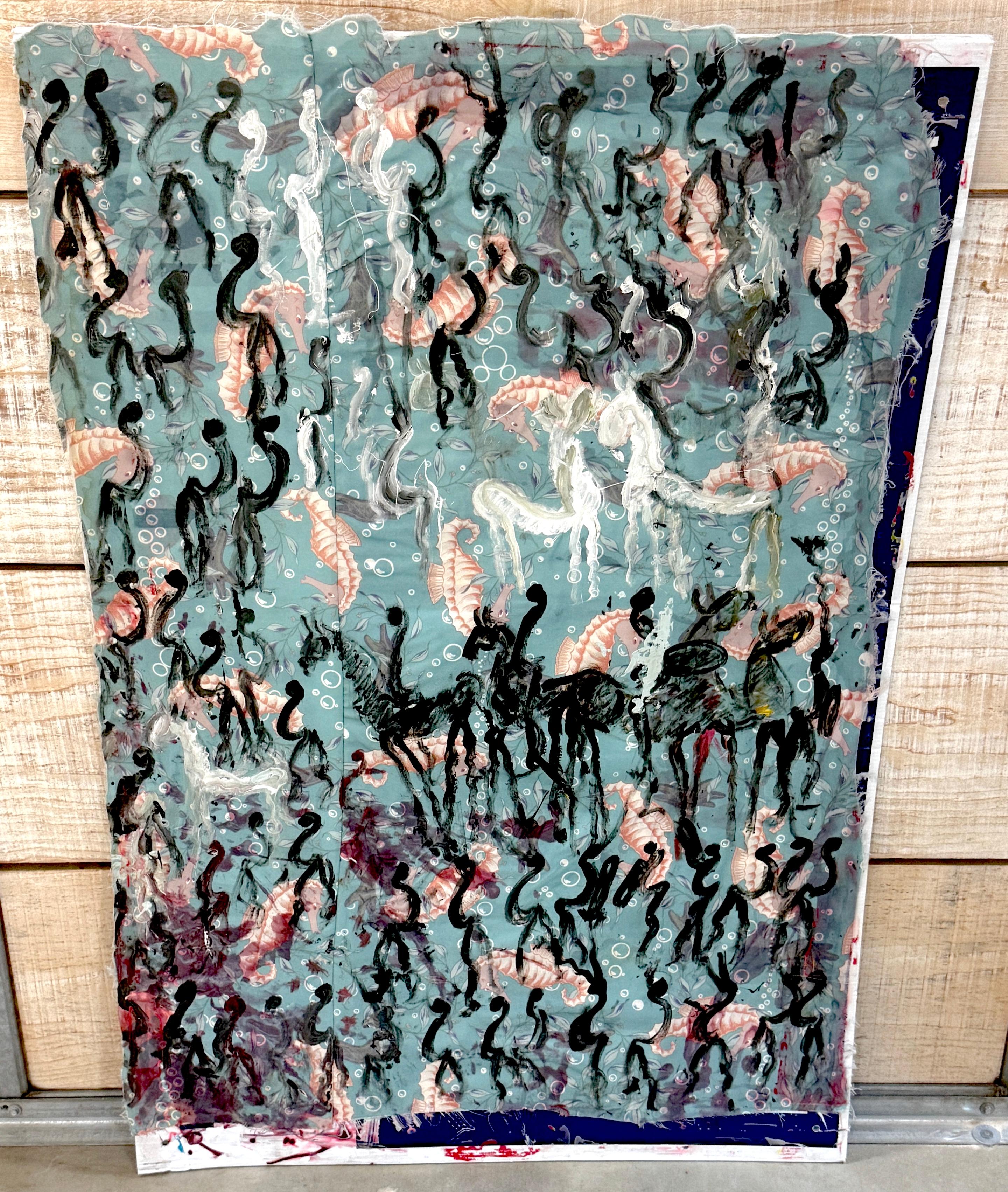 Purvis Young Mischtechnik auf Plakatkarton mit Seepferdchen-Stoff und gemalten Kriegern, ca. 1980er-1990er Jahre
Abmessungen: 48