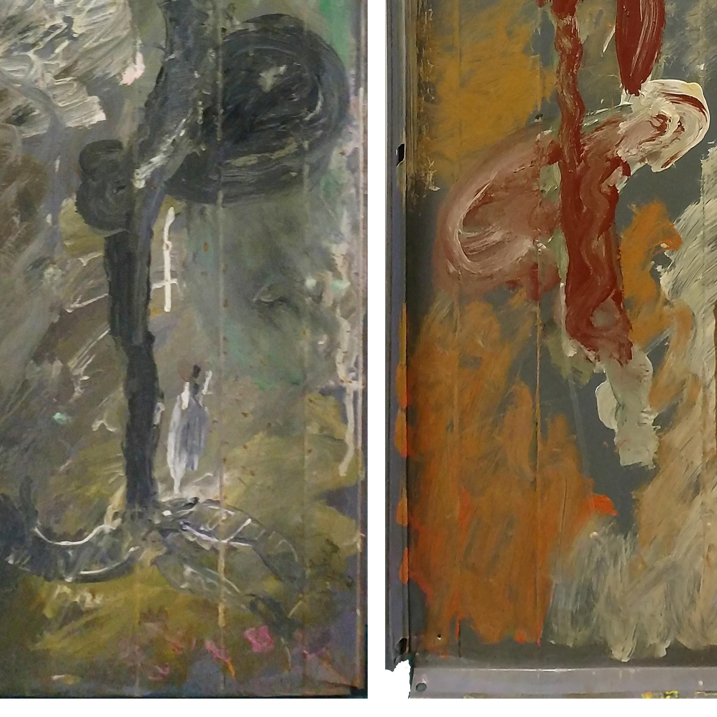 Díptico de 2 pinturas originales de técnica mixta sobre estantes de metal. Todos están firmados a mano en el anverso por el artista. Cada pieza mide 36,25 x 15,5 pulg. 

La obra está en excelente estado. Certificado de autenticidad incluido.  Se