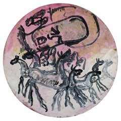 Bemalte Tischplatte, Wandkunst, signiert Engel und Pferd, „Engel und Pferde“, Art brut